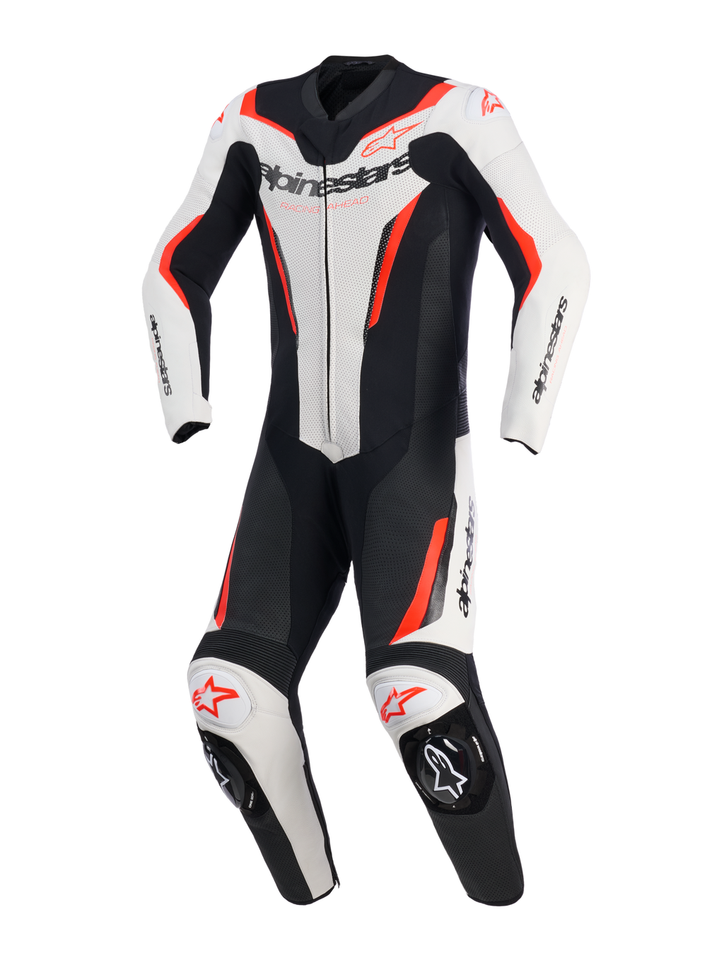 Alpinestars GP Force V2 Leather Suit - 1Piece, vit, svart och röd fluo, racingställ för motorcykel i ett stycke, sedd framifrån, med perforerade läderpaneler, Alpinestars-branding på bröst och axlar, samt integrerade knäsliders.