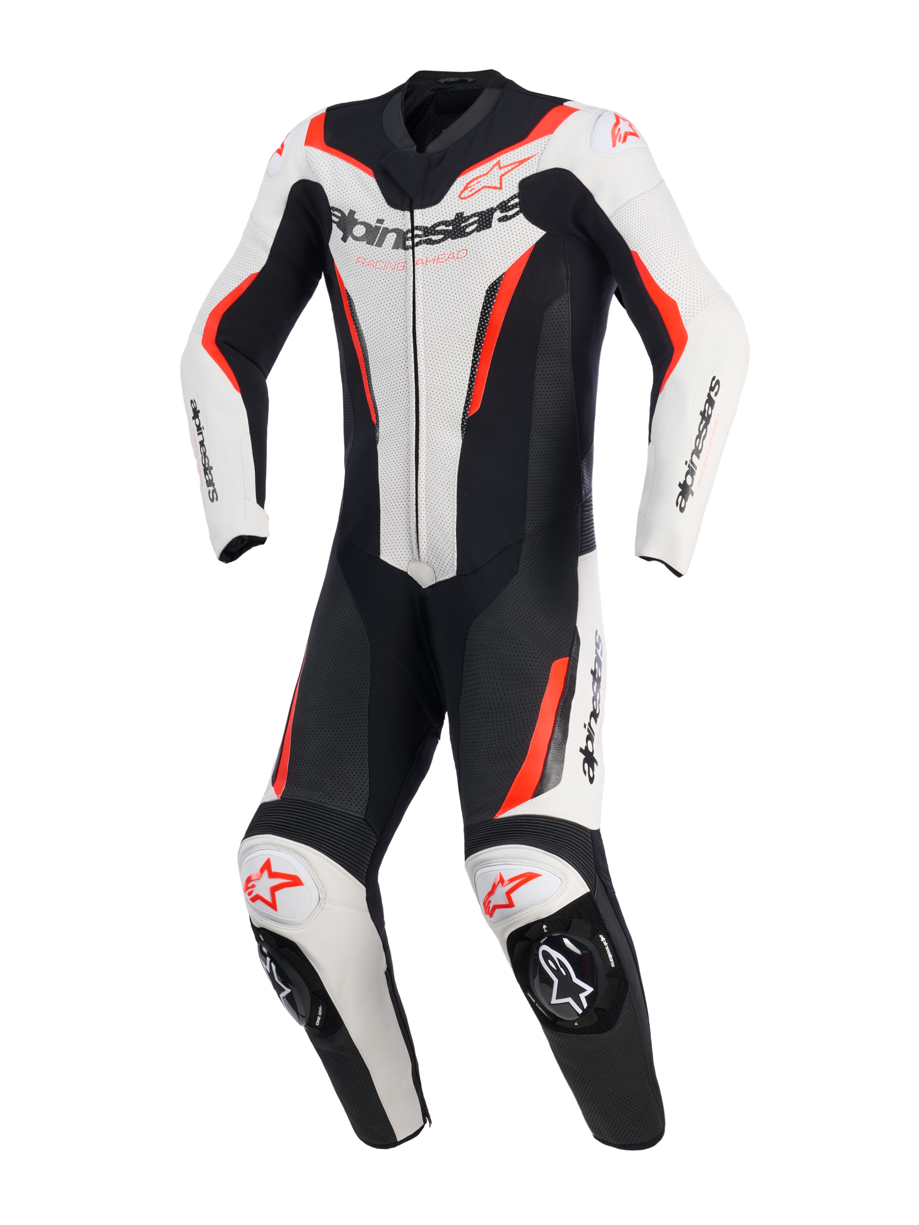 Alpinestars GP Force V2 Leather Suit - 1Piece, vit, svart och röd fluo, racingställ för motorcykel i ett stycke, sedd framifrån, med perforerade läderpaneler, Alpinestars-branding på bröst och axlar, samt integrerade knäsliders.
