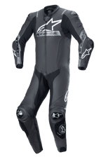 Alpinestars Missile V2 Ward 1-Piece Leather Suit, Black Metallic Gray, professional motorcycle racing suit, aerodynamic design with protective armor on shoulders, elbows, and knees, large white Alpinestars logo on chest, premium leather construction for track performance