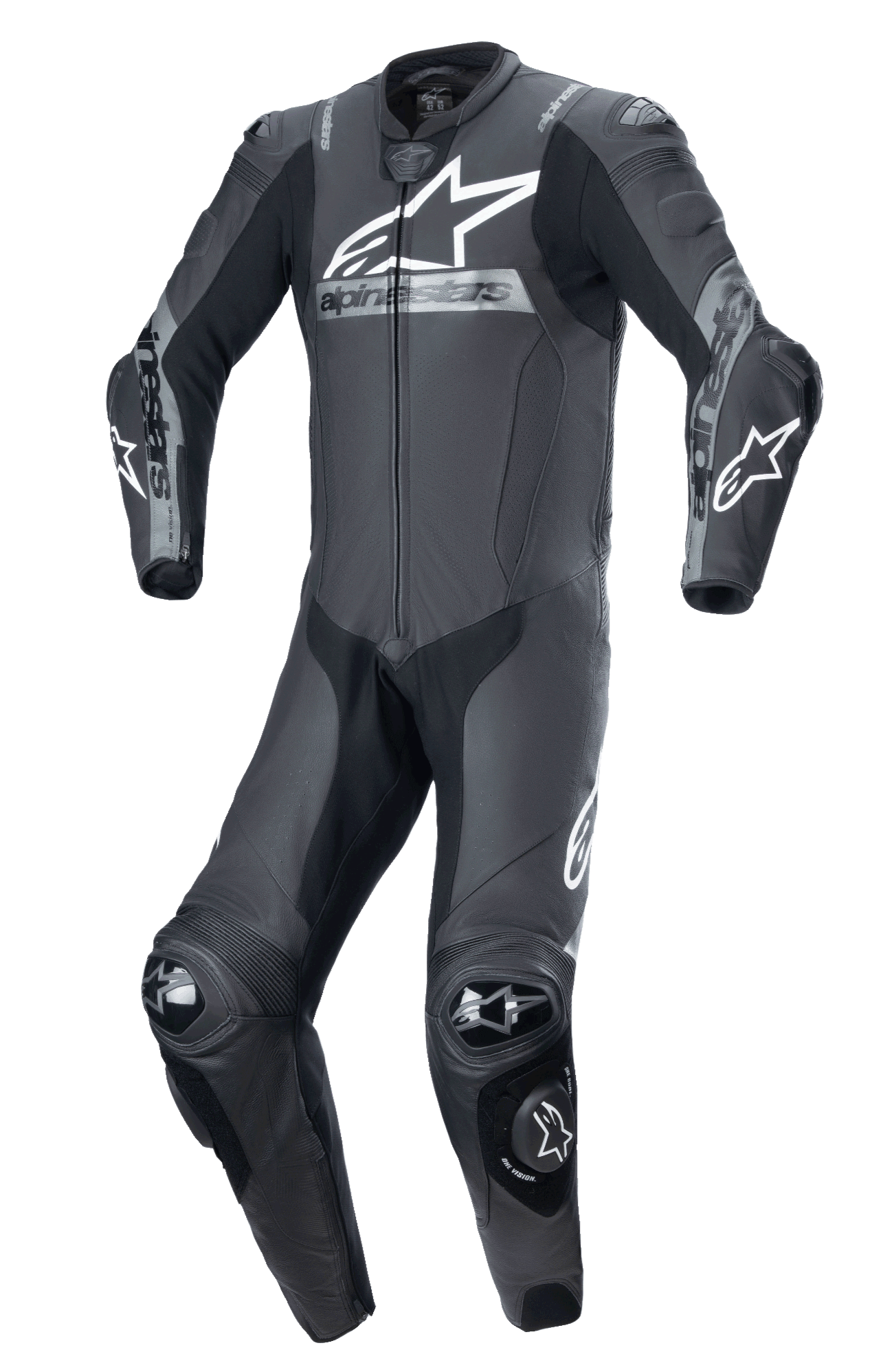 Alpinestars Missile V2 Ward 1-Piece Leather Suit, Black Metallic Gray, professional motorcycle racing suit, aerodynamic design with protective armor on shoulders, elbows, and knees, large white Alpinestars logo on chest, premium leather construction for track performance