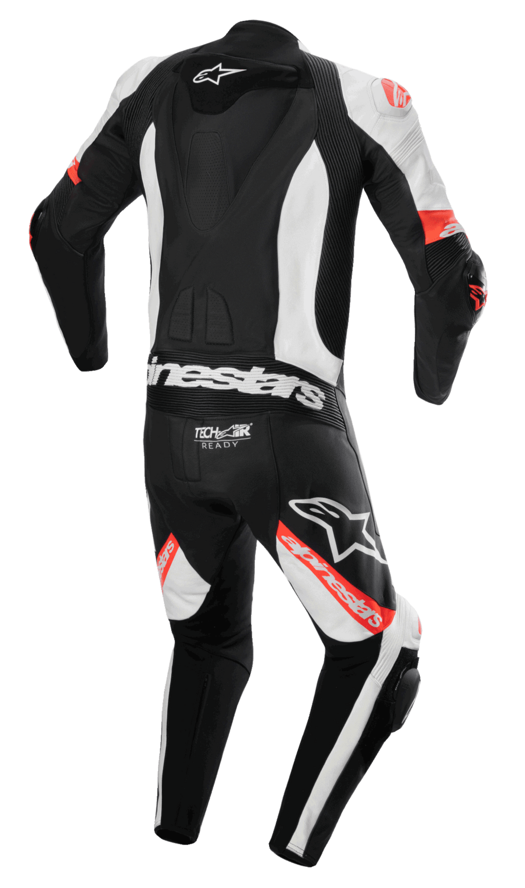 Alpinestars Missile V2 Ward 1-delat skinnställ, motorcykelställ, svart, vit och röd fluo, vy bakifrån med aerodynamisk ryggpuckel, Tech-Air Ready-logotyp på nedre delen av ryggen, dragspelspaneler och framträdande Alpinestars-logotyper på ben och rygg