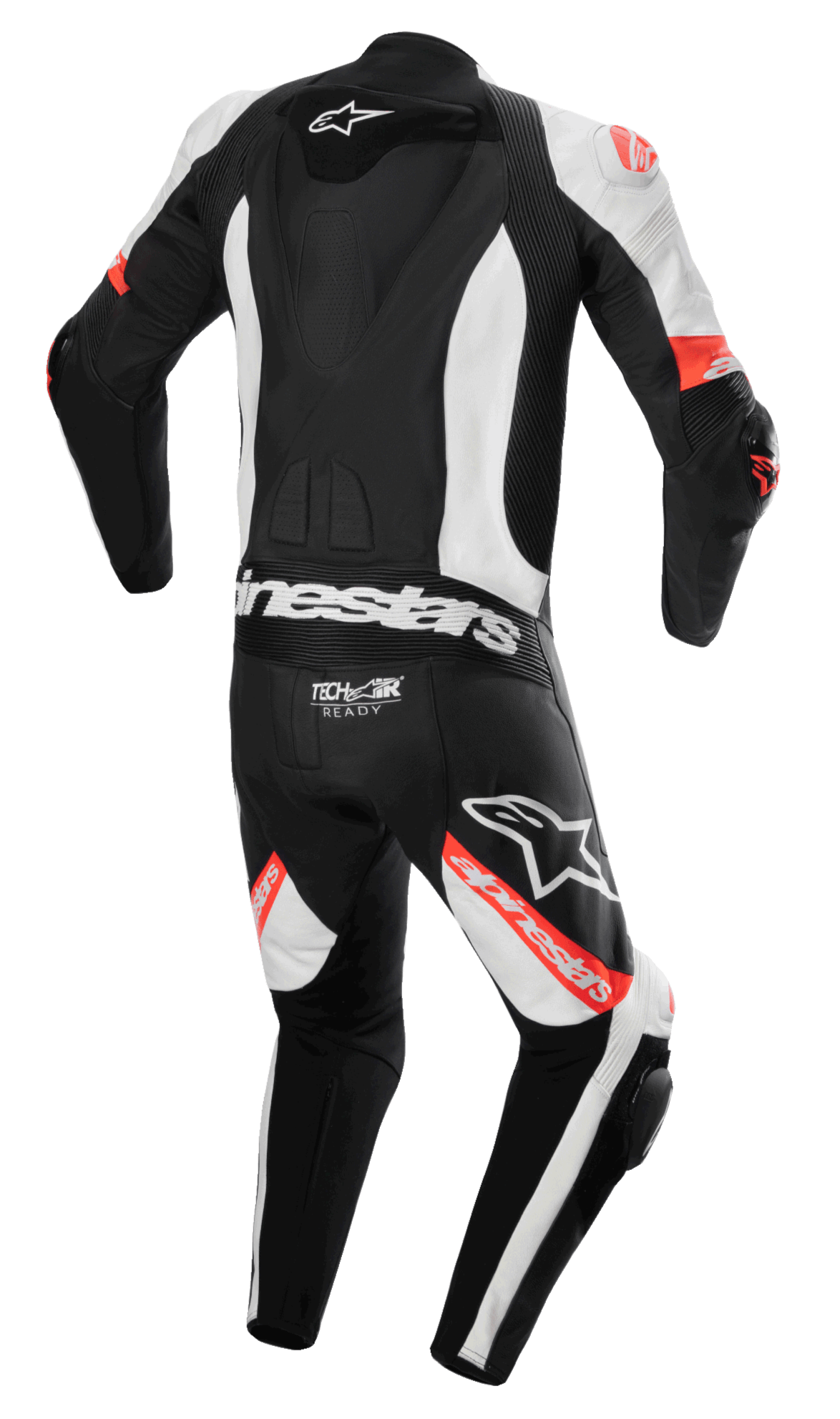Alpinestars Missile V2 Ward 1-delat skinnställ, motorcykelställ, svart, vit och röd fluo, vy bakifrån med aerodynamisk ryggpuckel, Tech-Air Ready-logotyp på nedre delen av ryggen, dragspelspaneler och framträdande Alpinestars-logotyper på ben och rygg