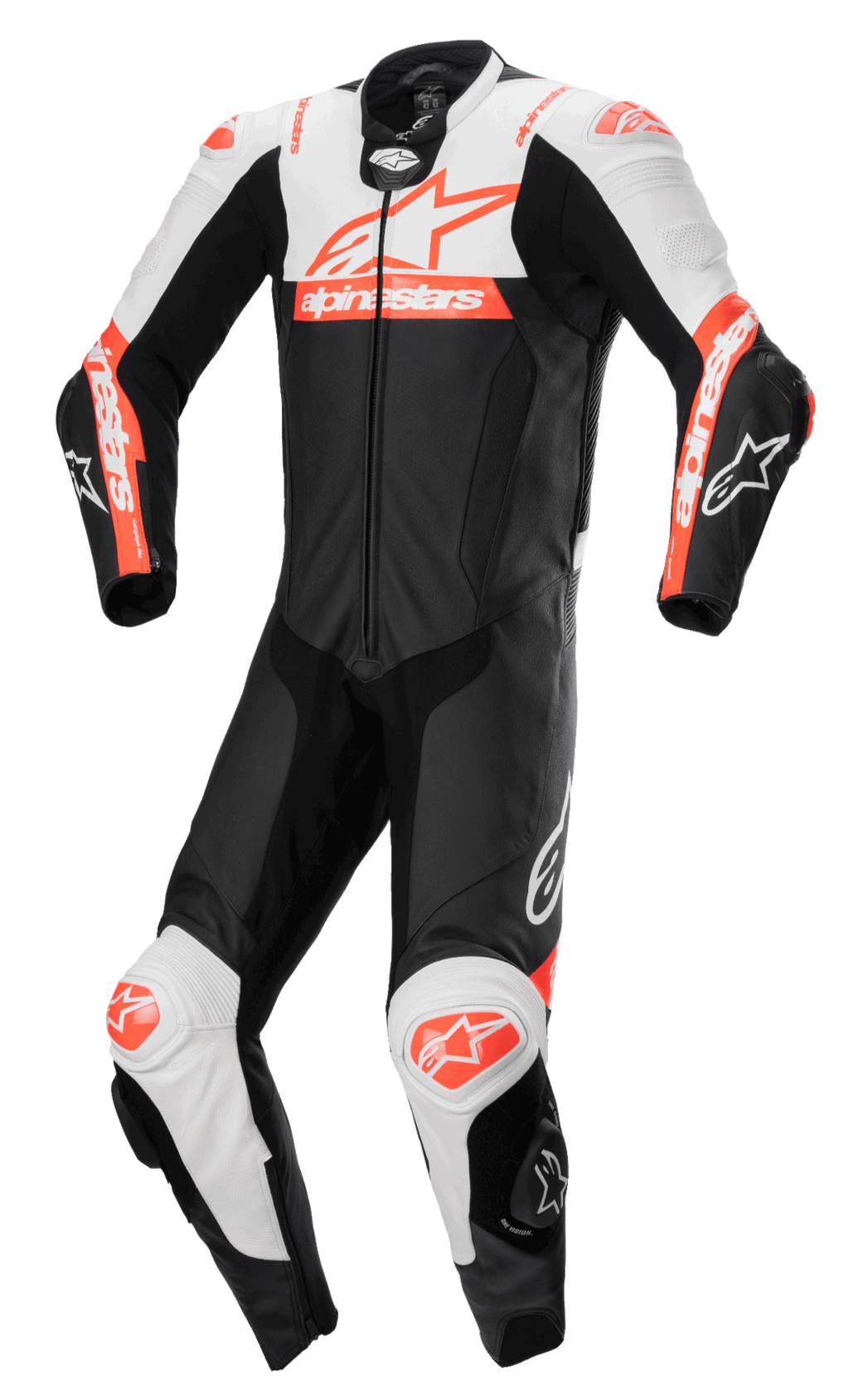 Alpinestars Missile V2 Ward skinnställ, racingoverall för motorcykel, svart med vita och röda fluo-detaljer, aerodynamisk design med dragkedja fram och knäpuckar, premium läderkonstruktion