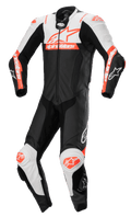 Alpinestars Missile V2 Ward skinnställ, racingoverall för motorcykel, svart med vita och röda fluo-detaljer, aerodynamisk design med dragkedja fram och knäpuckar, premium läderkonstruktion