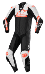 Alpinestars Missile V2 Ward skinnställ, racingoverall för motorcykel, svart med vita och röda fluo-detaljer, aerodynamisk design med dragkedja fram och knäpuckar, premium läderkonstruktion