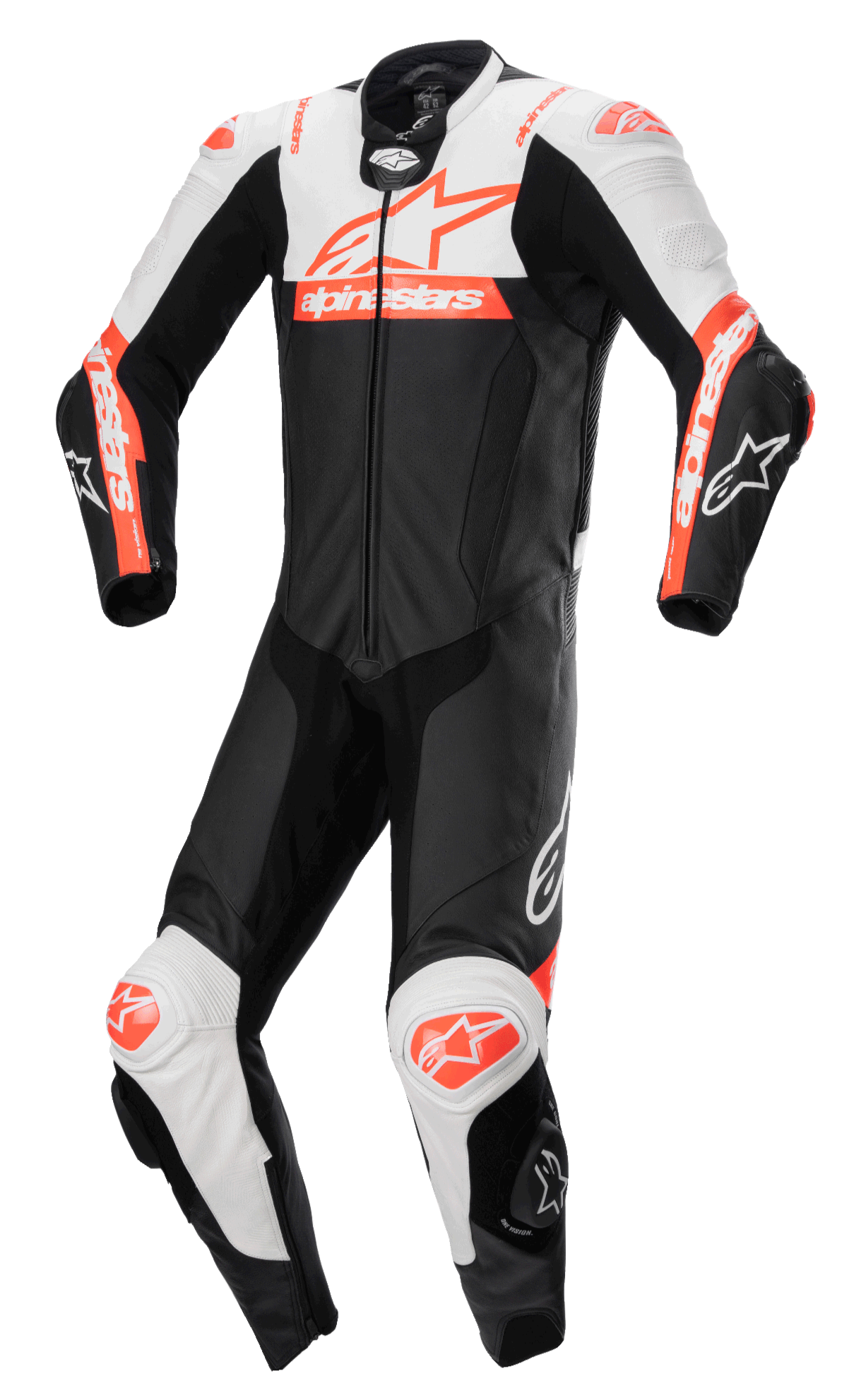 Alpinestars Missile V2 Ward skinnställ, racingoverall för motorcykel, svart med vita och röda fluo-detaljer, aerodynamisk design med dragkedja fram och knäpuckar, premium läderkonstruktion