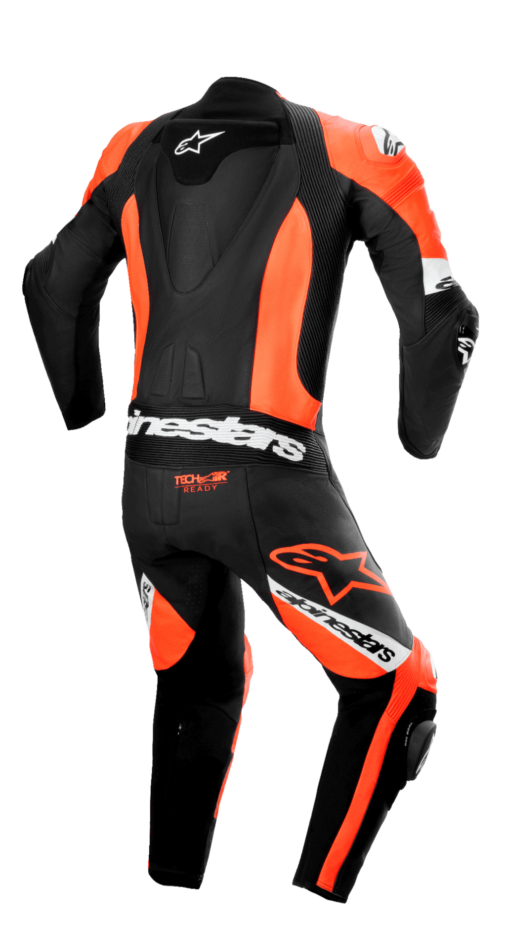 Alpinestars Missile V2 Ward skinnställ i ett stycke, vy bakifrån, svart och fluorescerande röd med vita detaljer, med en strömlinjeformad ryggpuckel, dragspelsstretchpaneler på ländryggen och knäna, 'Tech-Air Ready'-logotyp och framträdande Alpinestars-varumärke för professionell bankörning.