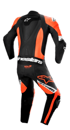 Alpinestars Missile V2 Ward skinnställ i ett stycke, vy bakifrån, svart och fluorescerande röd med vita detaljer, med en strömlinjeformad ryggpuckel, dragspelsstretchpaneler på ländryggen och knäna, 'Tech-Air Ready'-logotyp och framträdande Alpinestars-varumärke för professionell bankörning.