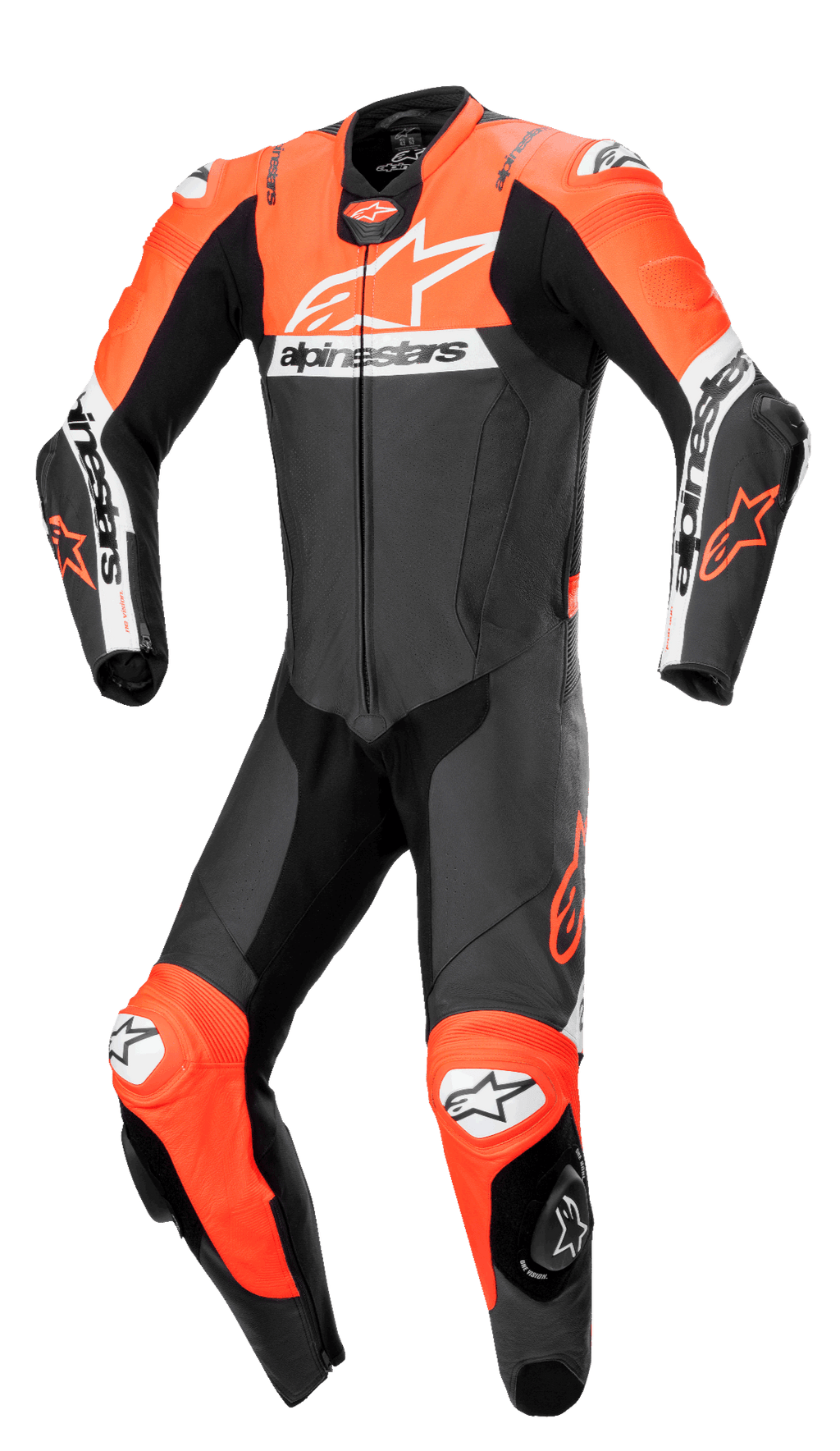 Alpinestars Missile V2 Ward 1-Piece Leather Suit, professionellt skinnställ för motorcykelracing i svart, fluorescerande röd och vitt, med en stor vit logotyp på bröstet, perforerade läderpaneler, dragspelspaneler vid knäna och integrerade skyddssliders för banprestanda.