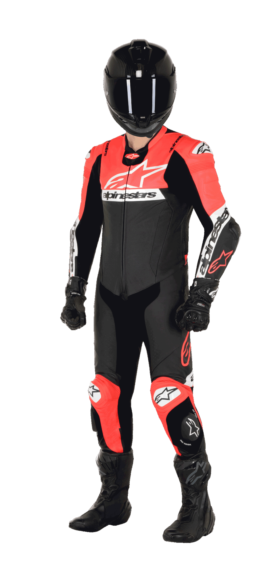 Motorcykelförare som bär Alpinestars Missile V2 Ward endelat skinnställ i färgkombinationen svart, röd fluo och vit, komplett med en svart hjälm, svarta racinghandskar och svarta stövlar, designat för högpresterande racing på bana