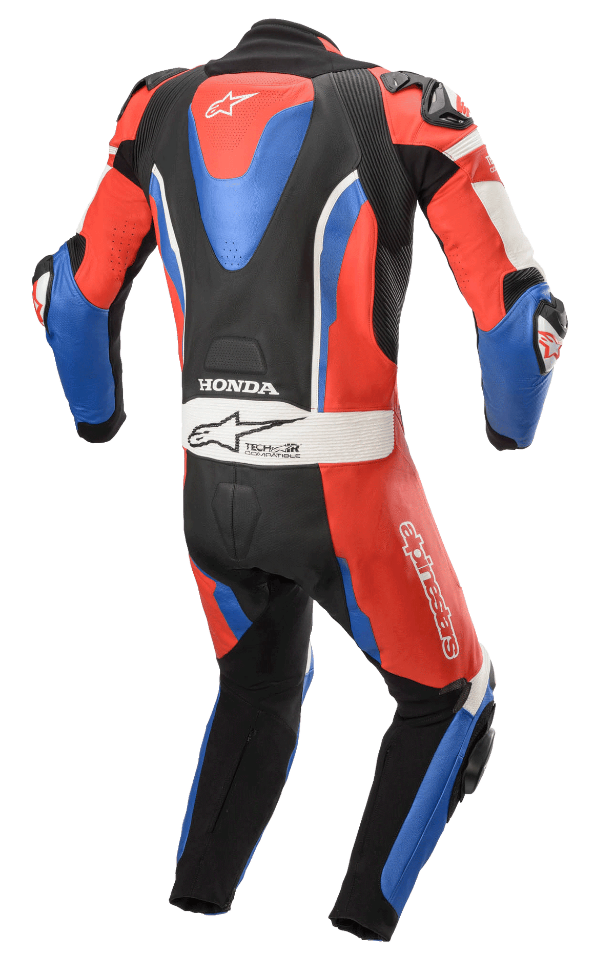 Alpinestars Honda GP Pro V2 skinnställ i ett stycke, racingställ för motorcykel, svart, röd och blå, baksida med aerodynamisk puckel, Honda- och Tech-Air-logotyper, dragspelsstretchpaneler för rörlighet, professionell banutrustning