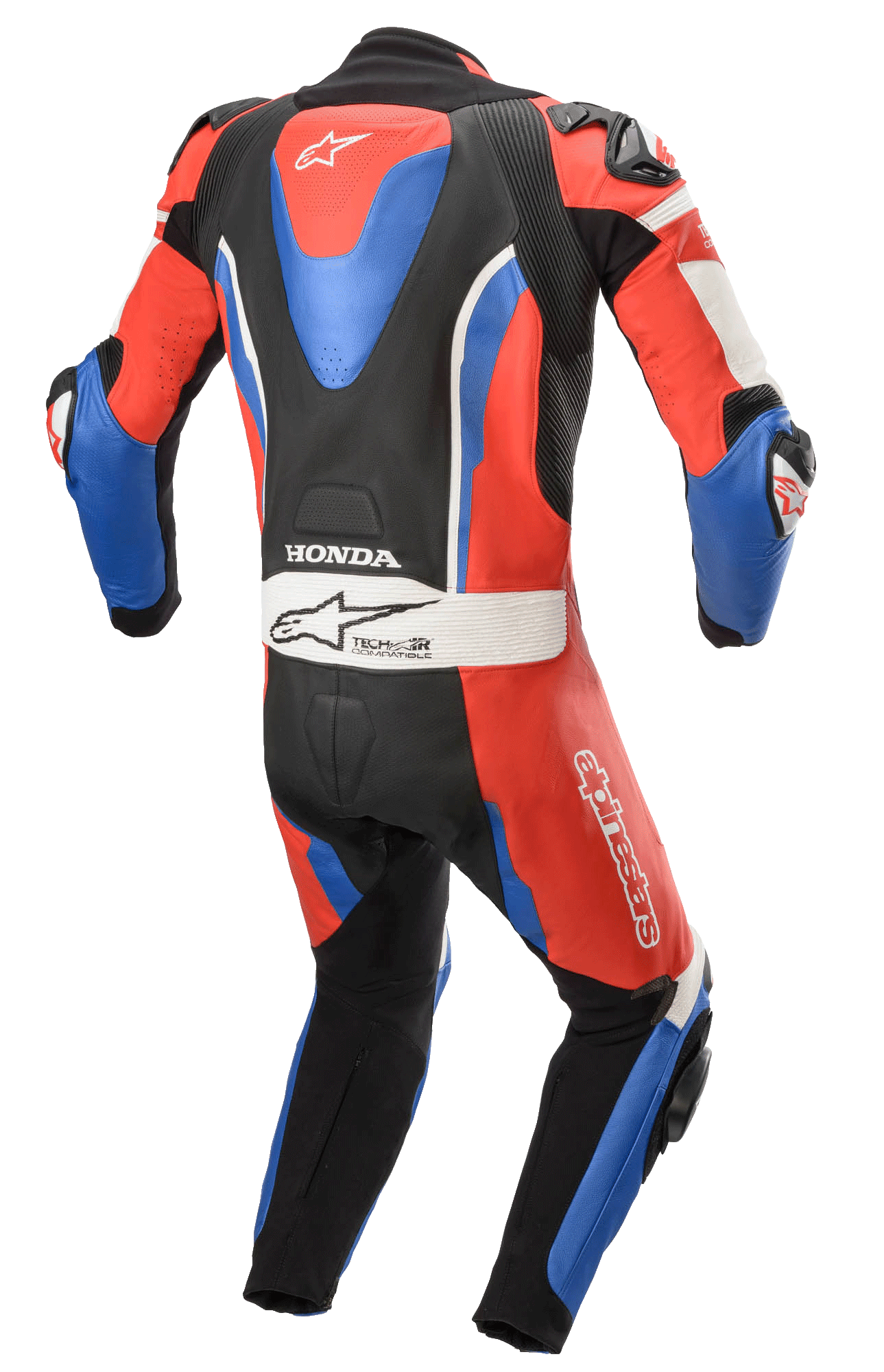 Alpinestars Honda GP Pro V2 skinnställ i ett stycke, racingställ för motorcykel, svart, röd och blå, baksida med aerodynamisk puckel, Honda- och Tech-Air-logotyper, dragspelsstretchpaneler för rörlighet, professionell banutrustning