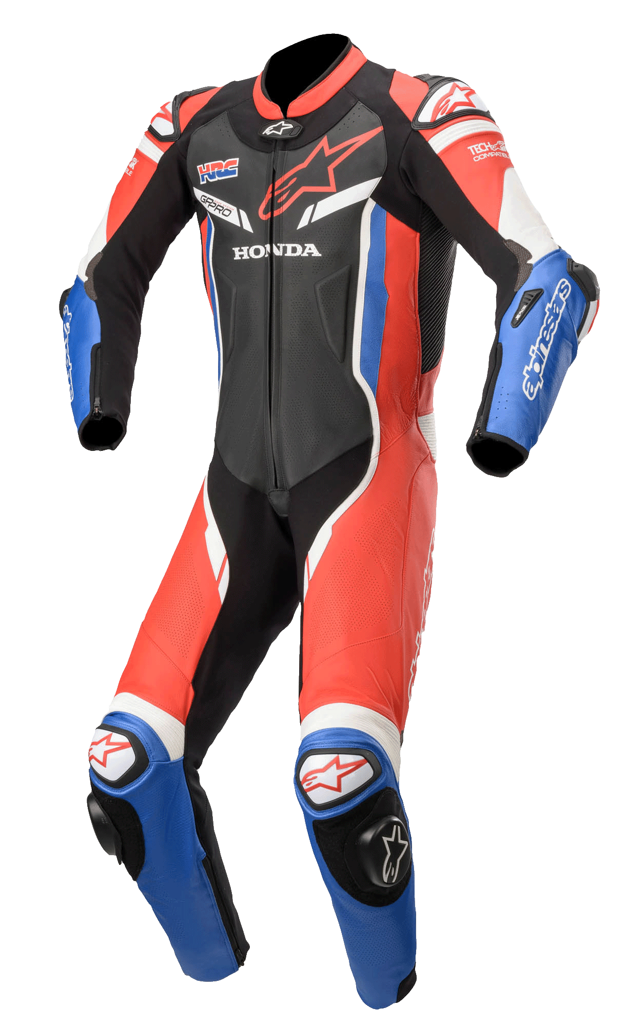Alpinestars Honda GP Pro V2 skinnställ i en del, professionellt racingställ för motorcykel, svart, rött och blått med vita detaljer, med Honda- och HRC-logotyper, aerodynamisk design med perforerad ventilation, DFS-sliders på axlar och knän, Tech-Air®-kompatibelt.