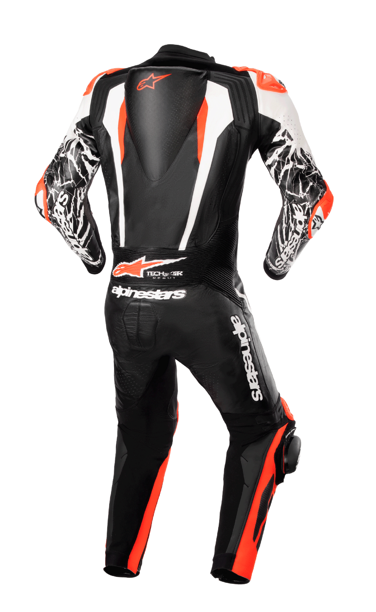 Alpinestars Racing Absolute V2 One Piece Leather Suit, rear view, Black White and Red Fluo, featuring aerodynamic back hump with logo, Tech-Air Ready branding, and white marble-patterned arm accents, professional track-ready motorcycle gear