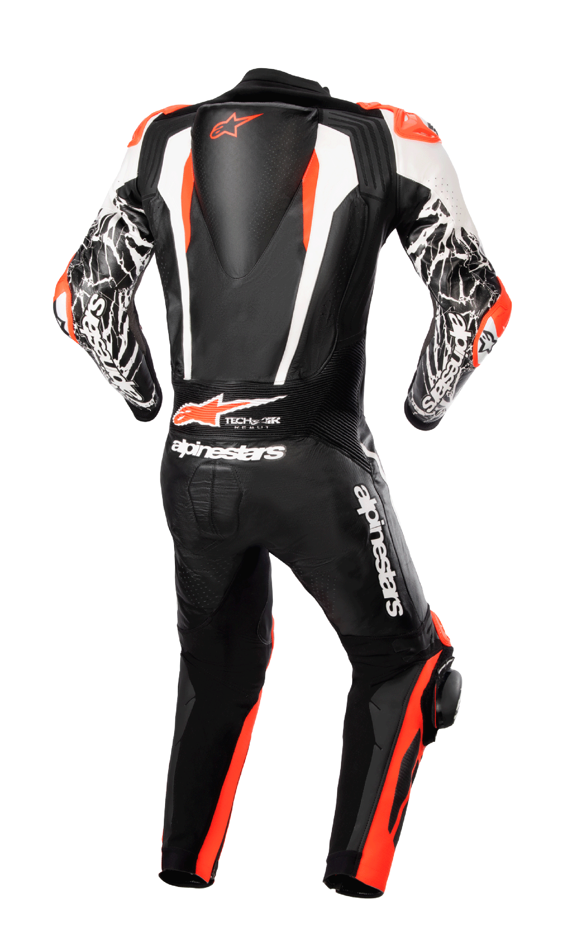 Alpinestars Racing Absolute V2 One Piece Leather Suit, rear view, Black White and Red Fluo, featuring aerodynamic back hump with logo, Tech-Air Ready branding, and white marble-patterned arm accents, professional track-ready motorcycle gear