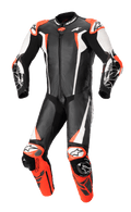 Alpinestars Racing Absolute V2 One Piece Leather Suit, Motorcycle Racing Suit, Black White and Red Fluo, aerodynamic design with perforated leather, external sliders on shoulders and knees, professional track-ready construction