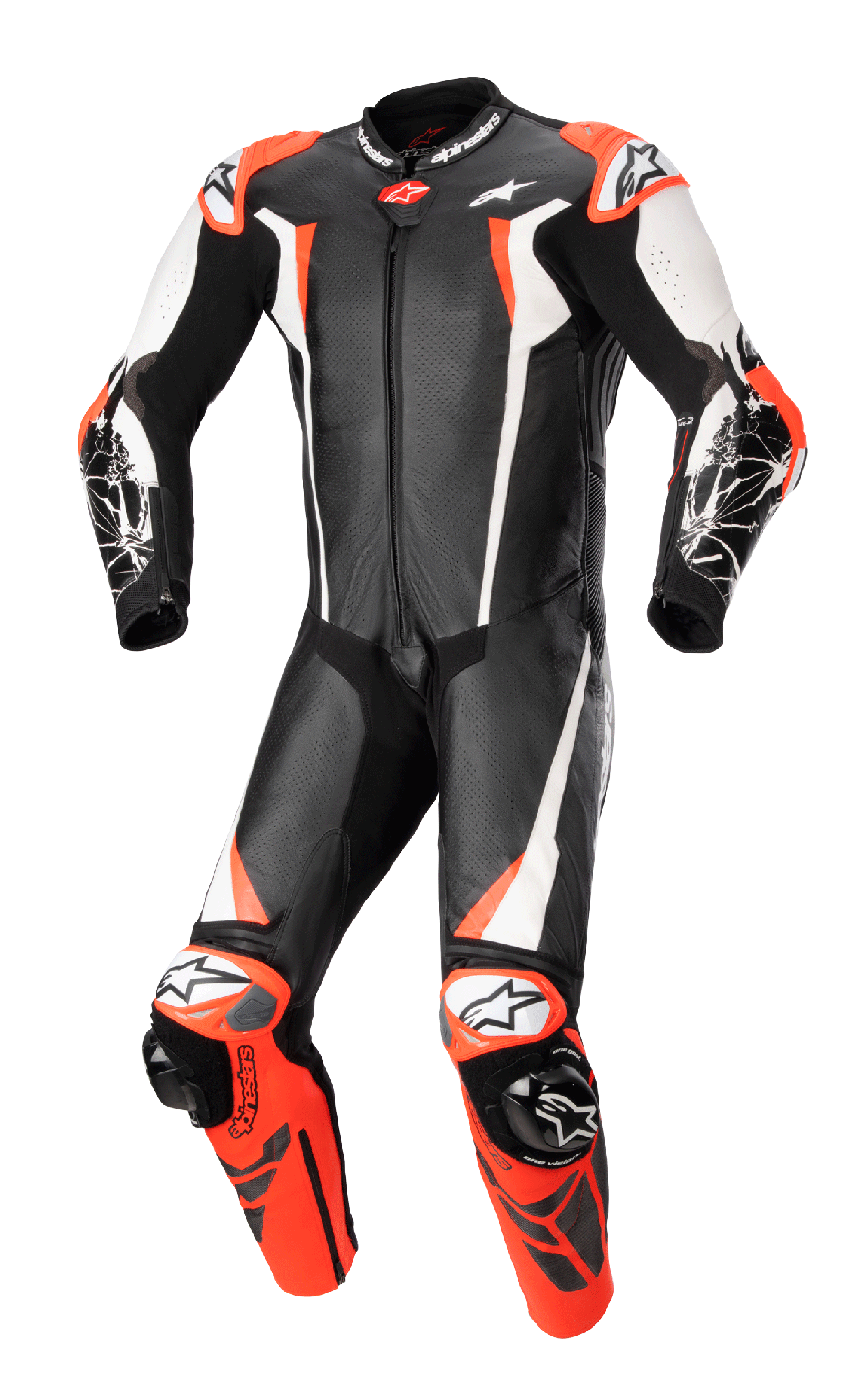 Alpinestars Racing Absolute V2 One Piece Leather Suit, Motorcycle Racing Suit, Black White and Red Fluo, aerodynamic design with perforated leather, external sliders on shoulders and knees, professional track-ready construction