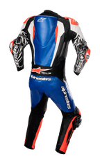 Alpinestars Racing Absolute V2 One Piece Leather Suit, Back View, Metallic Blue, Black, White, and Red Fluo, featuring an aerodynamic back hump, bold Alpinestars logos, and composite stretch panels, professional track racing gear