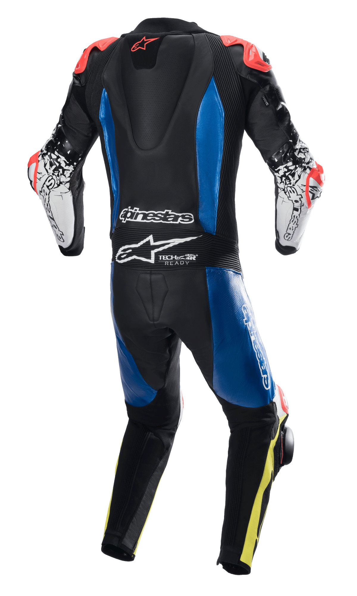 Alpinestars GP Tech V4 Skinnställ, endelat racing-skinnställ, svart med blå paneler och fluoröda accenter, baksida som visar aerodynamisk puckel och Tech-Air Ready-logotyp, vita ärmar med svart grafik och fluogula bendetaljer, professionell racingutrustning för bankörning.