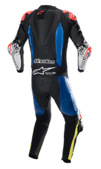 Alpinestars GP Tech V4 Skinnställ, endelat racing-skinnställ, svart med blå paneler och fluoröda accenter, baksida som visar aerodynamisk puckel och Tech-Air Ready-logotyp, vita ärmar med svart grafik och fluogula bendetaljer, professionell racingutrustning för bankörning.