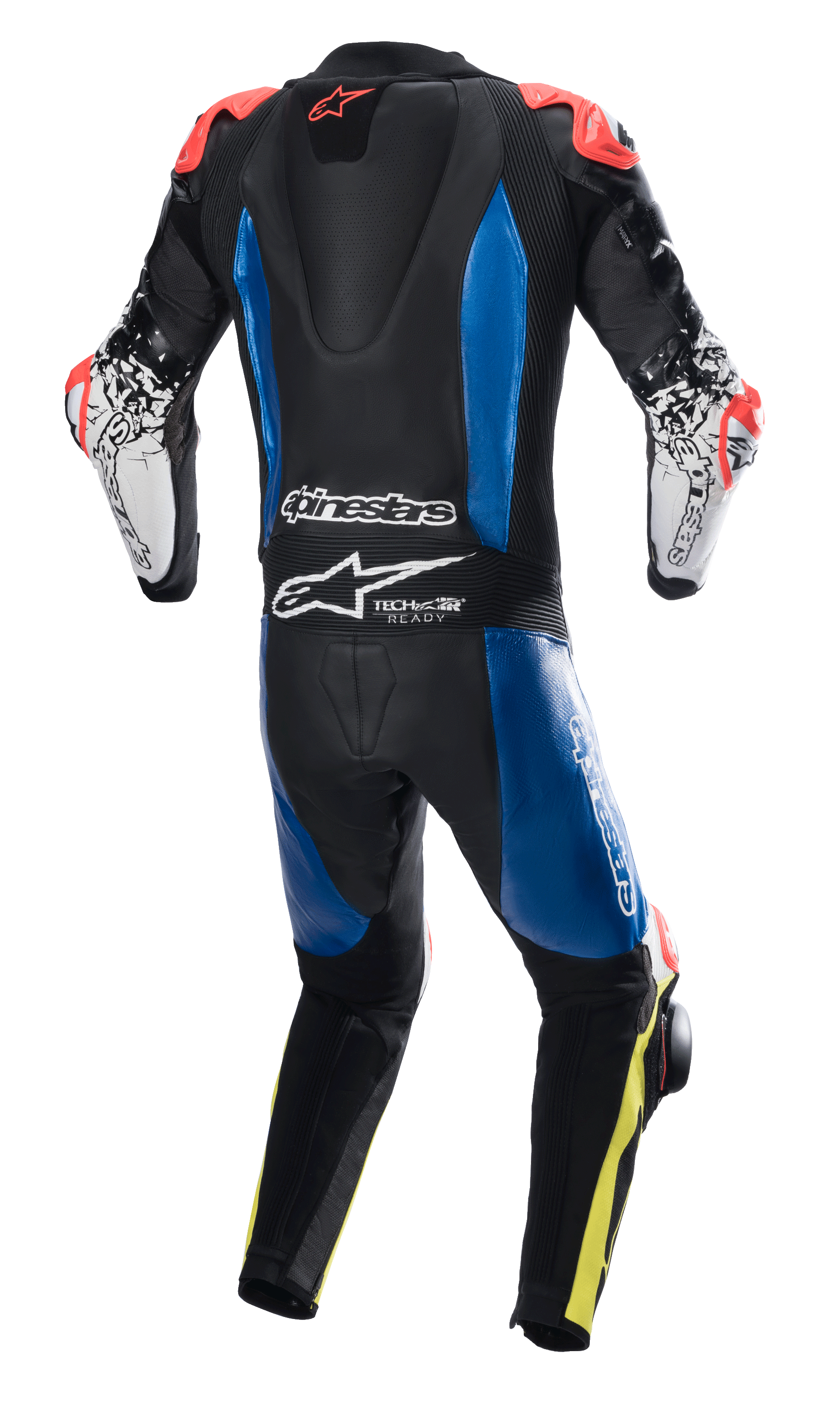 Alpinestars GP Tech V4 Skinnställ, endelat racing-skinnställ, svart med blå paneler och fluoröda accenter, baksida som visar aerodynamisk puckel och Tech-Air Ready-logotyp, vita ärmar med svart grafik och fluogula bendetaljer, professionell racingutrustning för bankörning.