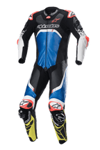 Alpinestars GP Tech V4 Skinnställ, endelad racingoverall för motorcykel, svart, blå och gul fluo med vita och röda detaljer, professionell design redo för banan, med MATRYX-paneler och förstärkt skydd på axlar och knän, premium skinnkonstruktion för högpresterande körning