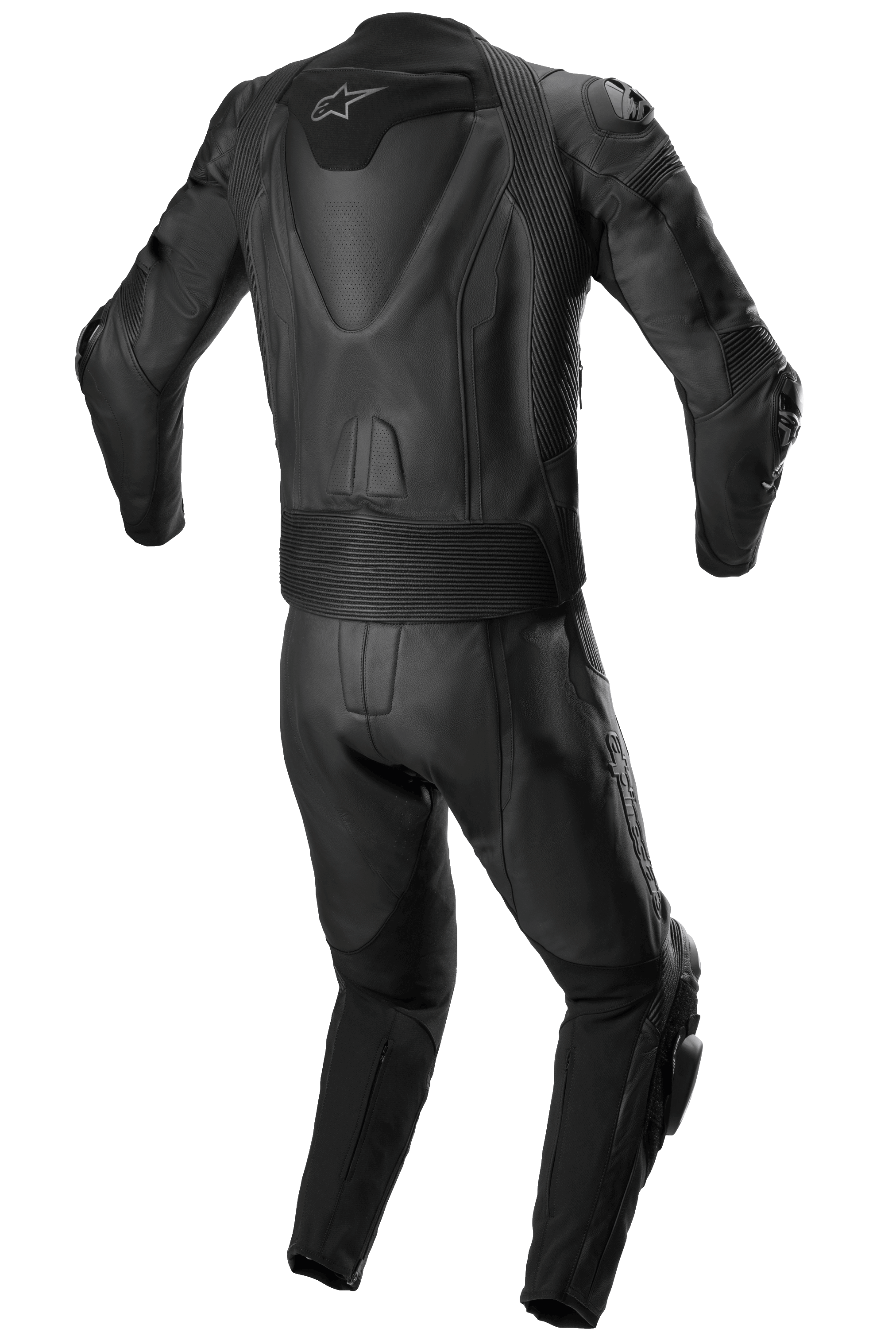 Alpinestars Missile V2 tvådelat skinnställ, racingskinnställ, helsvart, vy bakifrån som visar aerodynamisk ryggpuckel med vit stjärnlogotyp, dragspelsstretchpaneler vid midjan och axlarna, och perforerade läderdetaljer för högpresterande motorcykelkörning