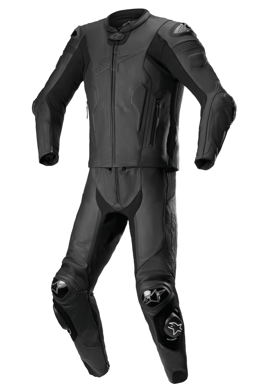 Alpinestars Missile V2 tvådelat skinnställ, svart, motorcykelställ för racing, förstärkta axlar, armbågar och knän med skyddande sliders, aerodynamisk design med dragkedja på jacka och byxor, premium läderkonstruktion med texturerade paneler