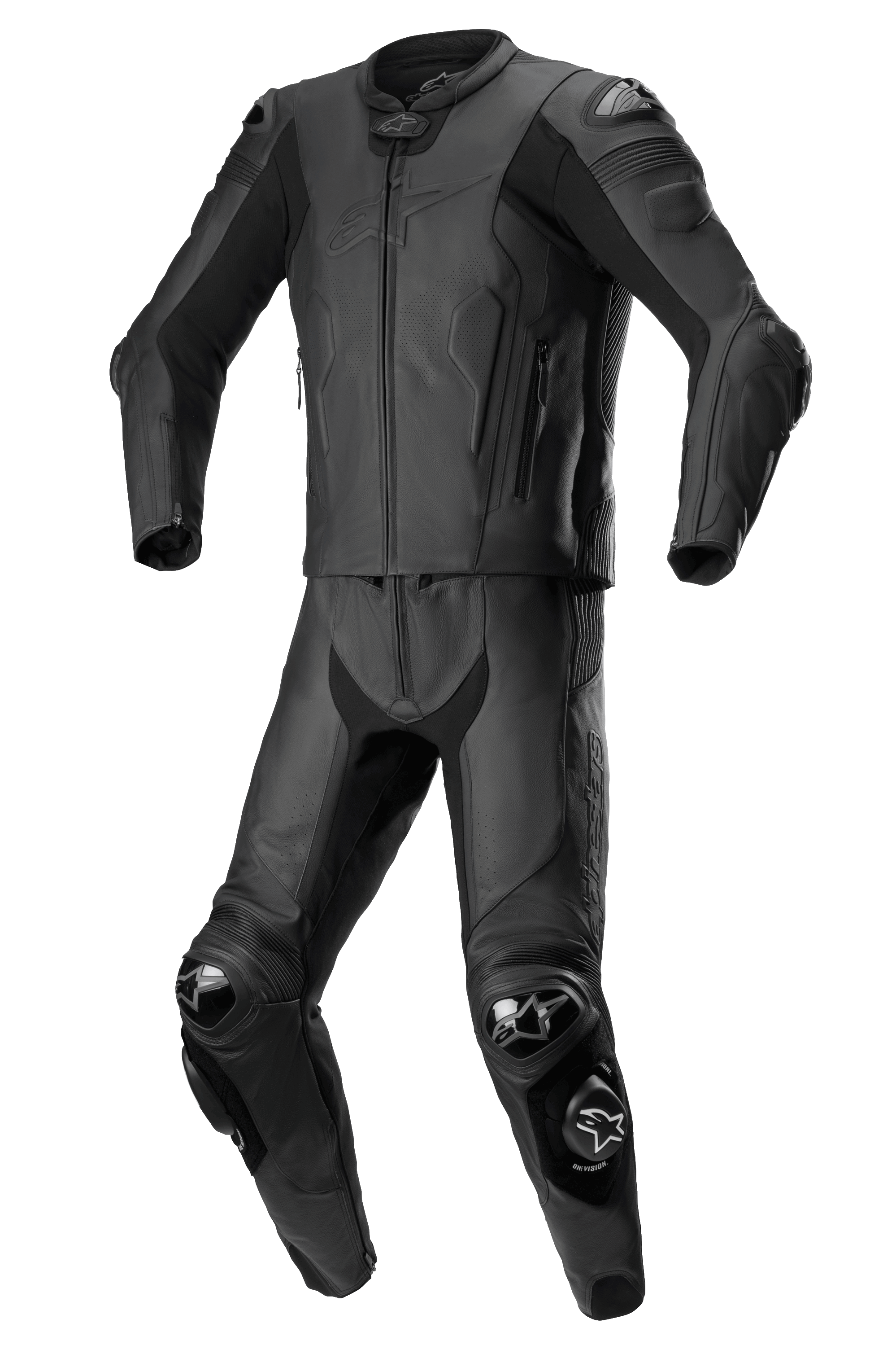 Alpinestars Missile V2 tvådelat skinnställ, svart, motorcykelställ för racing, förstärkta axlar, armbågar och knän med skyddande sliders, aerodynamisk design med dragkedja på jacka och byxor, premium läderkonstruktion med texturerade paneler