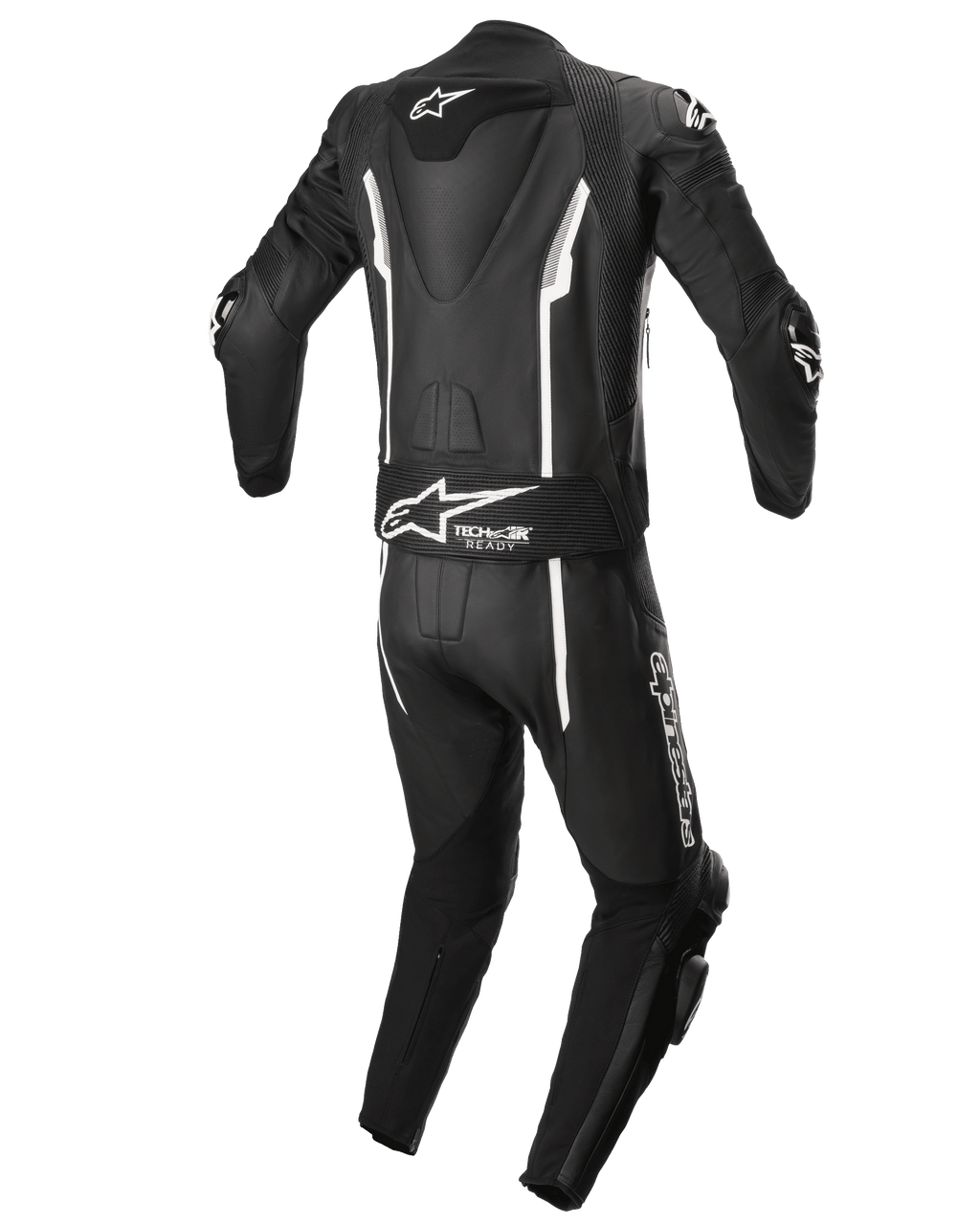 Alpinestars Missile V2 2-delat skinnställ, racingställ för motorcykel, svart och vitt, vy bakifrån med aerodynamisk puckel, Tech-Air®-förberedd stretchpanel, vita linjära detaljer och Alpinestars-logotyp på ländryggen och benet
