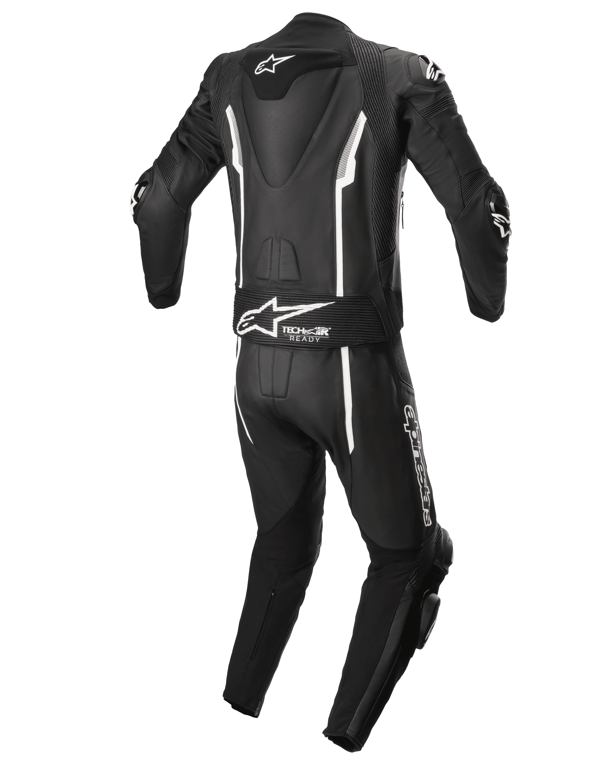 Alpinestars Missile V2 2-delat skinnställ, racingställ för motorcykel, svart och vitt, vy bakifrån med aerodynamisk puckel, Tech-Air®-förberedd stretchpanel, vita linjära detaljer och Alpinestars-logotyp på ländryggen och benet