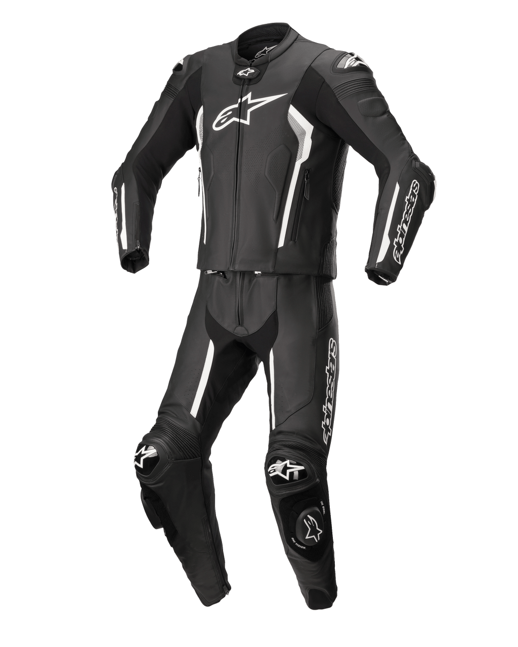 Alpinestars Missile V2 2-delat skinnställ, svart och vitt, professionellt skinnställ för motorcykelracing, premiumläderkonstruktion med vita detaljer och logotyper, utrustat med skyddande skydd och knäpuckar, strömlinjeformad aerodynamisk design
