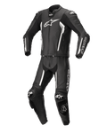 Alpinestars Missile V2 2-delat skinnställ, svart och vitt, professionellt skinnställ för motorcykelracing, premiumläderkonstruktion med vita detaljer och logotyper, utrustat med skyddande skydd och knäpuckar, strömlinjeformad aerodynamisk design