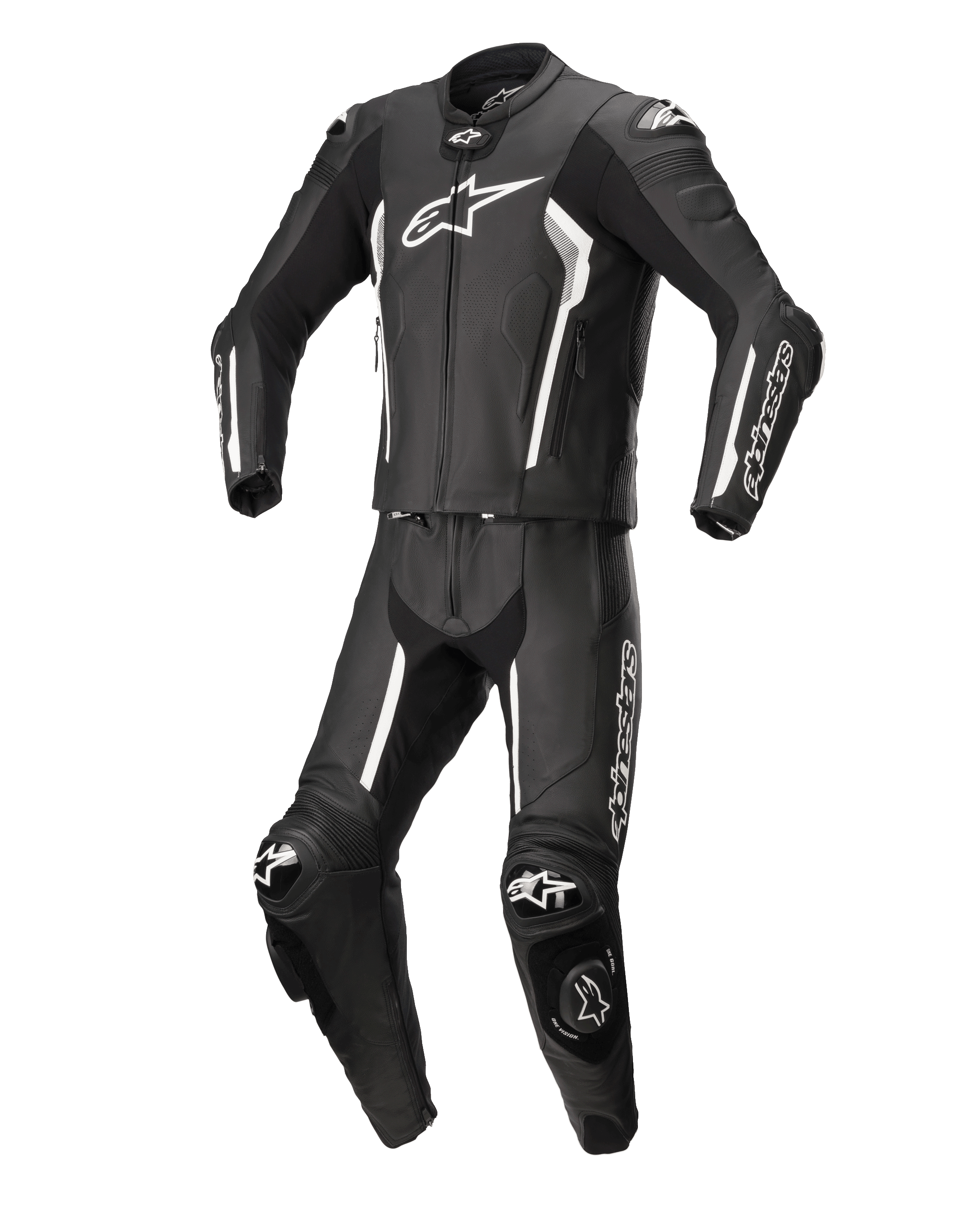 Alpinestars Missile V2 2-delat skinnställ, svart och vitt, professionellt skinnställ för motorcykelracing, premiumläderkonstruktion med vita detaljer och logotyper, utrustat med skyddande skydd och knäpuckar, strömlinjeformad aerodynamisk design
