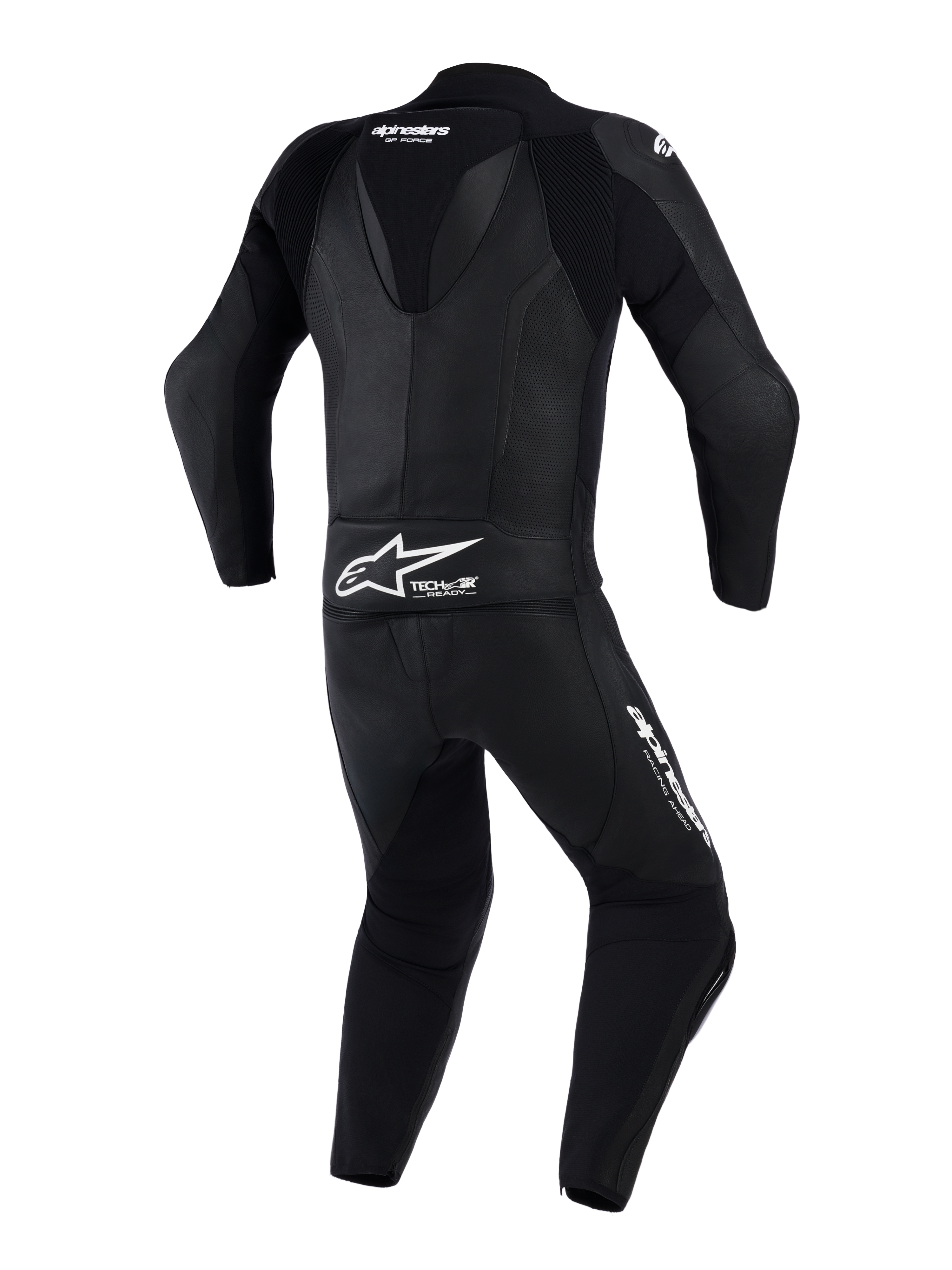 Alpinestars GP Force V2 2-Piece Leather Suit, Motorcycle Suit, Black, Back view featuring aerodynamic speed hump and perforated leather panels, Alpinestars branding and Tech-Air Ready logo on lower back, engineered for high-performance track riding