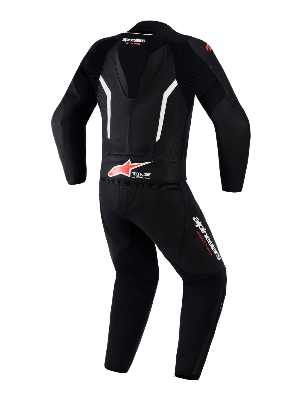 Alpinestars GP Force V2 Leather Suit 2-Piece, Motorcycle Racing Suit, Black White and Red Fluo, rear view showing aerodynamic speed hump, Tech-Air Ready branding on the lower back, perforated leather panels for ventilation, and Alpinestars logos on the legs and neck.