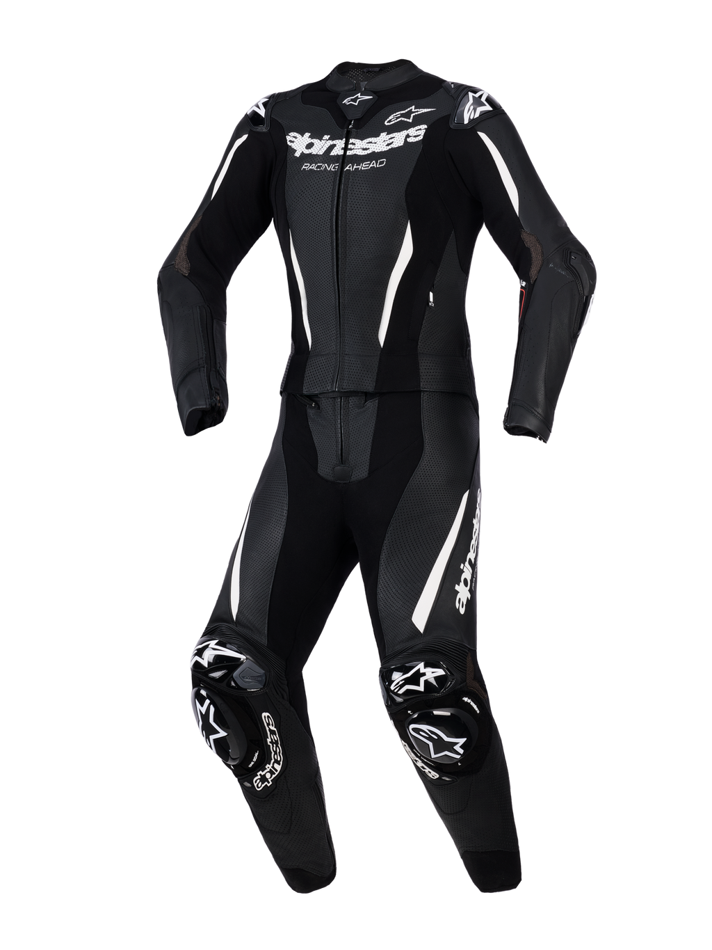 Alpinestars Stella GP-R7 2-delat läderställ, racingställ för damer, svart med vita detaljer och logotyper, med perforerat läder för ventilation, externa DFS-skydd på axlar och knän och en förböjd atletisk passform.