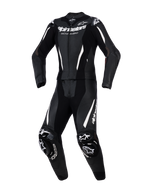 Alpinestars Stella GP-R7 2-delat läderställ, racingställ för damer, svart med vita detaljer och logotyper, med perforerat läder för ventilation, externa DFS-skydd på axlar och knän och en förböjd atletisk passform.