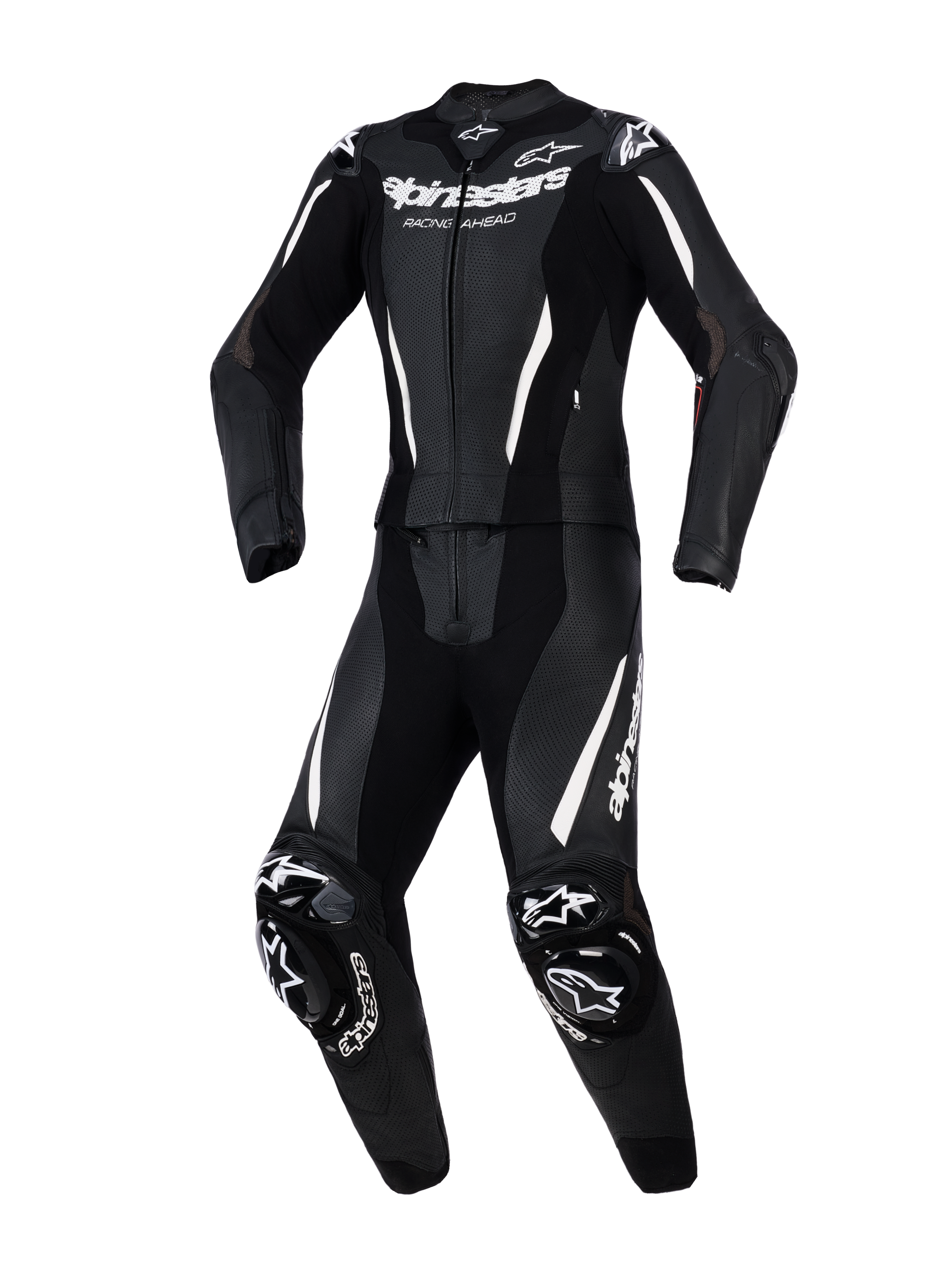 Alpinestars Stella GP-R7 2-delat läderställ, racingställ för damer, svart med vita detaljer och logotyper, med perforerat läder för ventilation, externa DFS-skydd på axlar och knän och en förböjd atletisk passform.