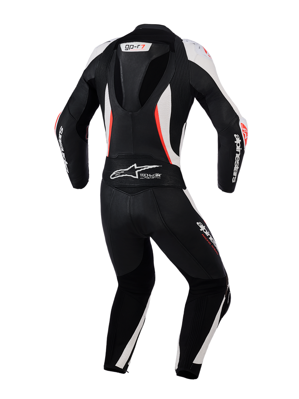 Alpinestars Stella GP-R7 2-delat läderställ för damer, vy bakifrån, svart, vit och fluorescerande röd, med en aerodynamisk puckel, dragspelspaneler och perforerat läder för professionell racingprestanda.