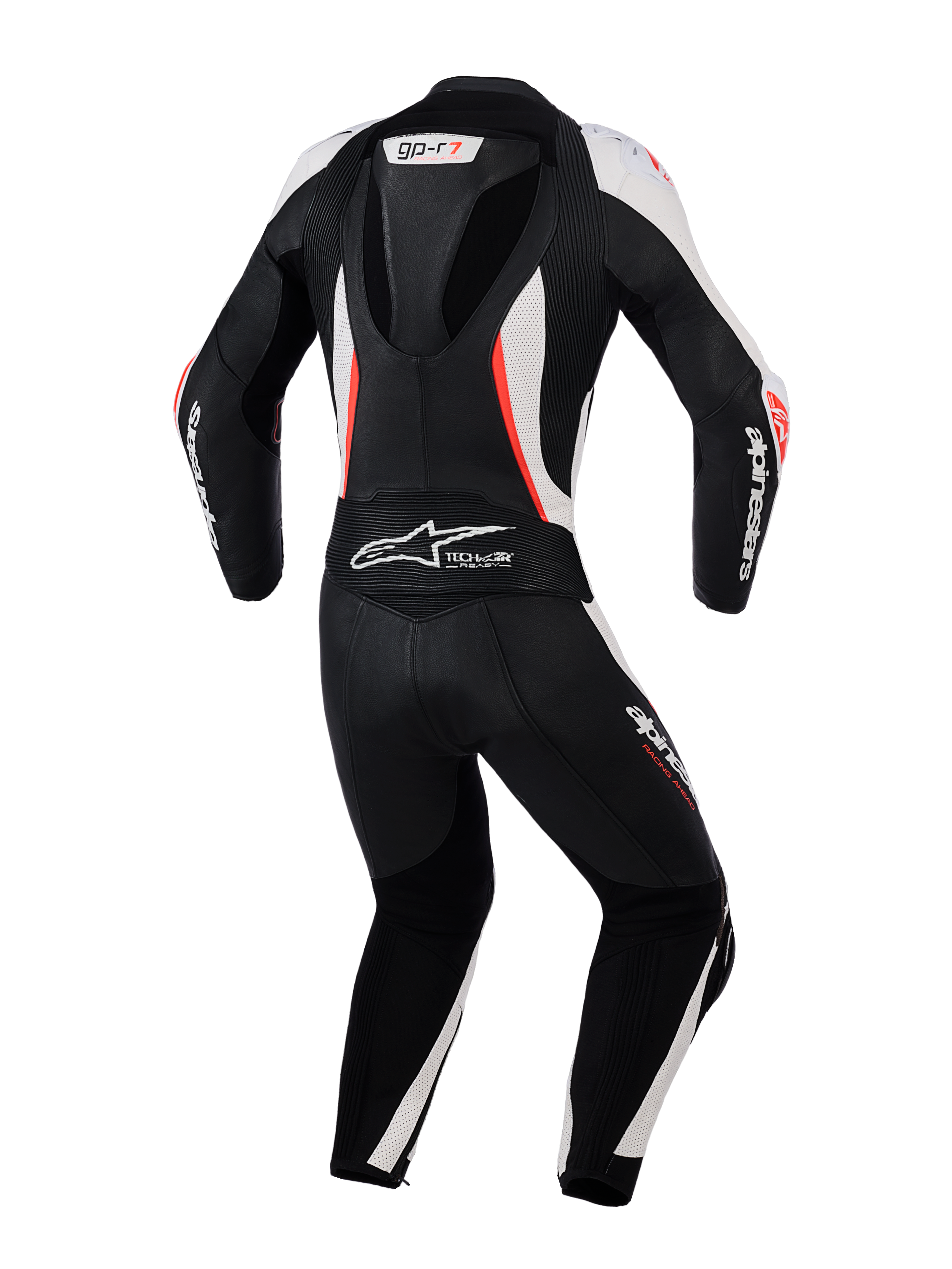 Alpinestars Stella GP-R7 2-delat läderställ för damer, vy bakifrån, svart, vit och fluorescerande röd, med en aerodynamisk puckel, dragspelspaneler och perforerat läder för professionell racingprestanda.