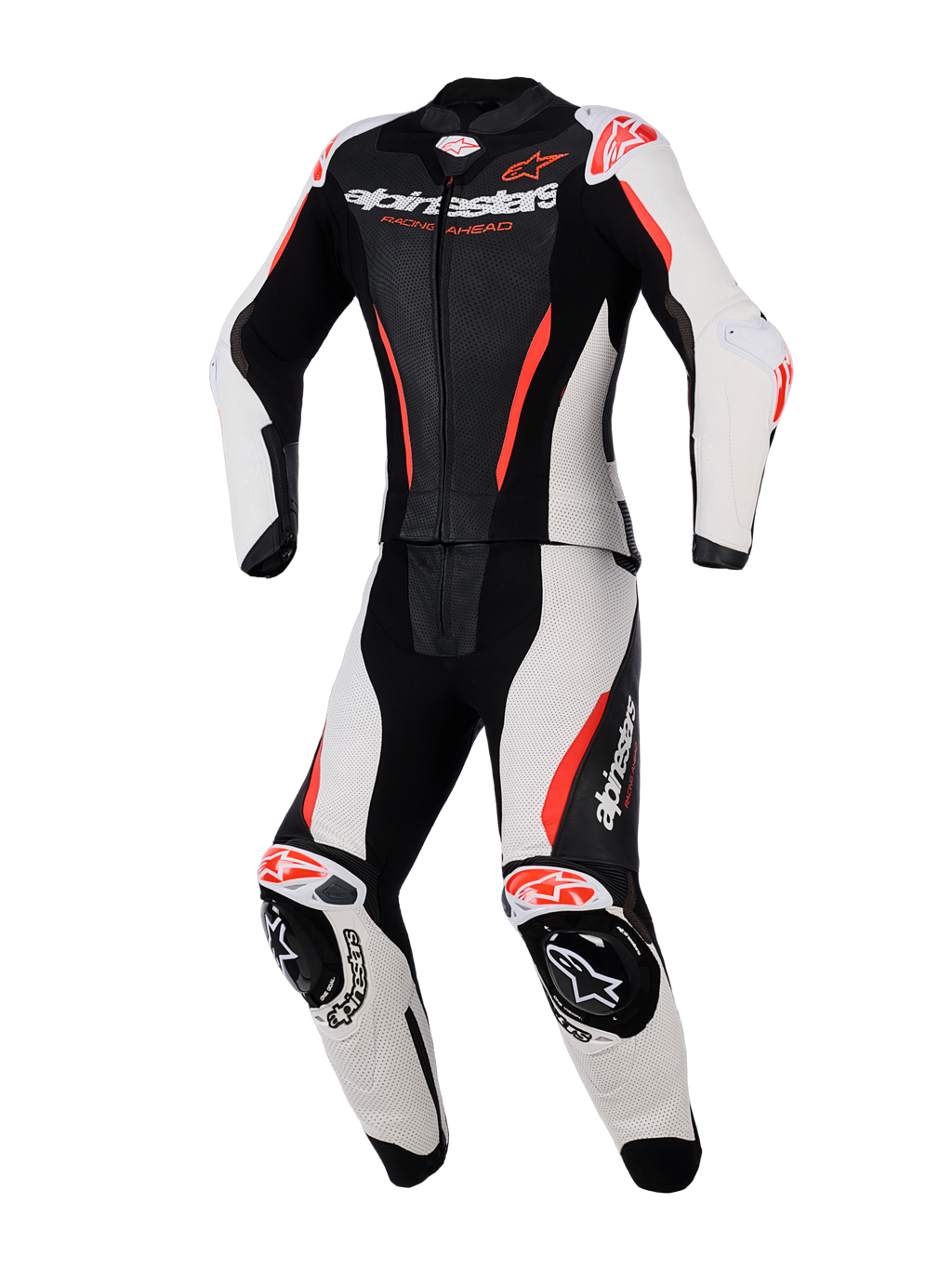 Alpinestars Stella GP-R7 2-delat läderställ för damer, racingställ för motorcykel, svart, vit och röd fluo, med perforerade läderpaneler, integrerade skydd vid axlar och knän, aerodynamisk design och tydliga logotyper på bröstet och benen