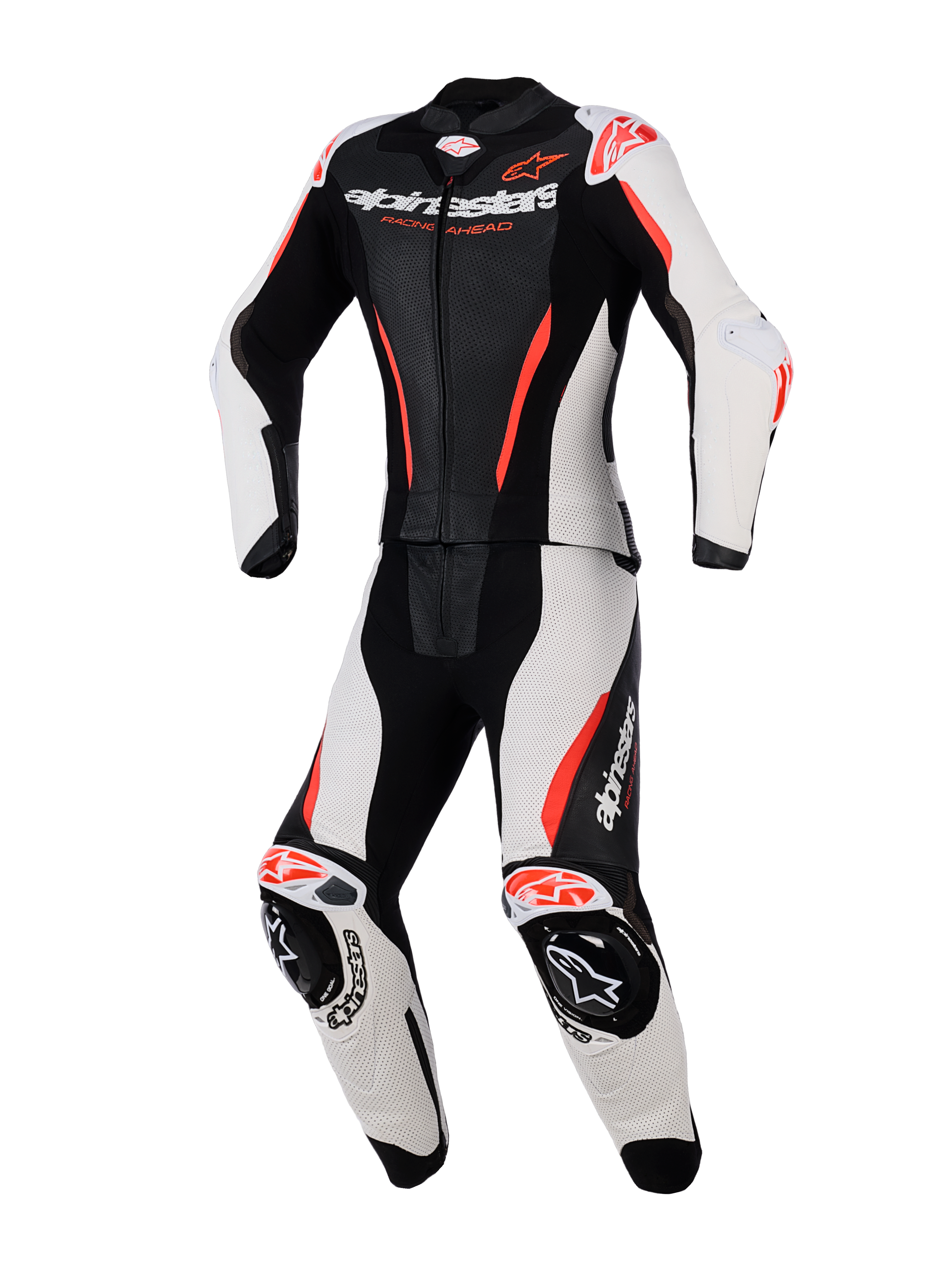 Alpinestars Stella GP-R7 2-delat läderställ för damer, racingställ för motorcykel, svart, vit och röd fluo, med perforerade läderpaneler, integrerade skydd vid axlar och knän, aerodynamisk design och tydliga logotyper på bröstet och benen