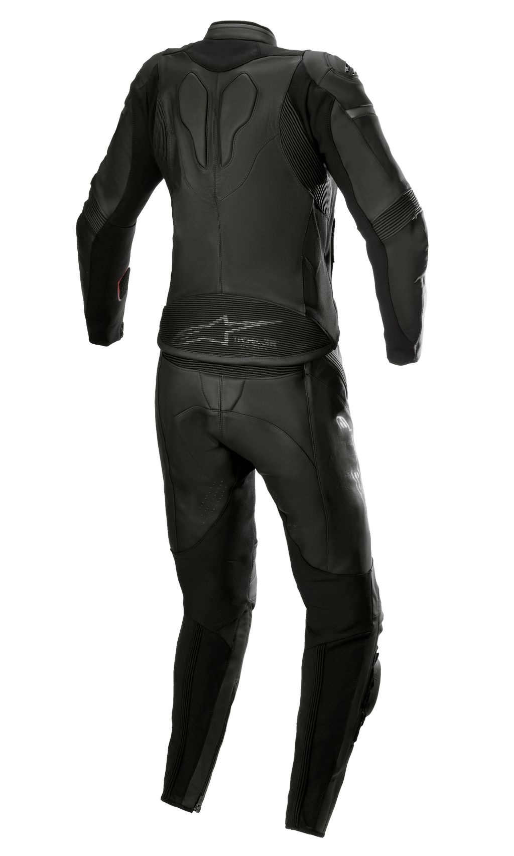 Alpinestars Stella GP Plus 2-delat skinnställ för dam, Black Metallic Gray, baksida som visar en strömlinjeformad design med accordion-stretchpaneler, skyddande läderkonstruktion och Alpinestars-logotyp på ländryggen, specifikt anpassad för en racingpassform för damer.
