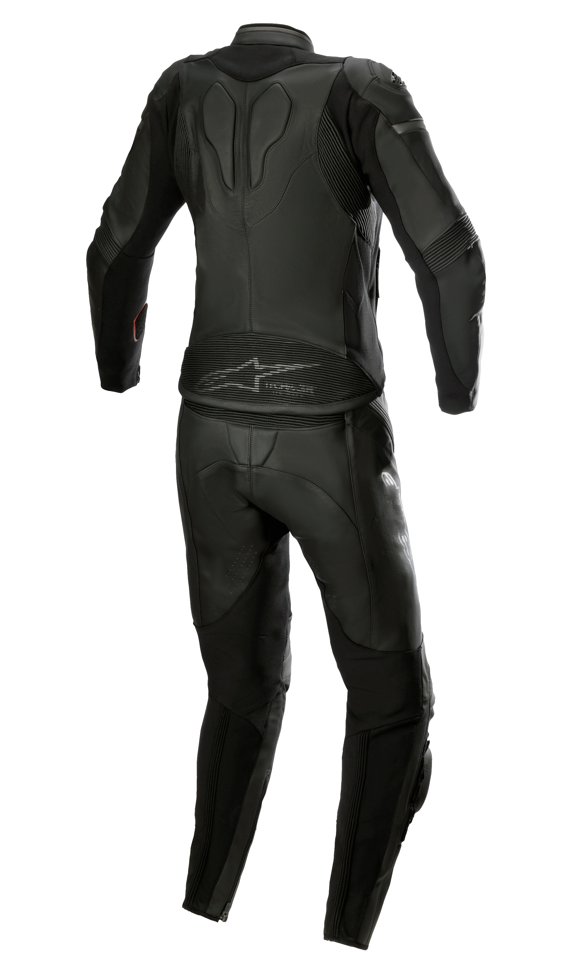 Alpinestars Stella GP Plus 2-delat skinnställ för dam, Black Metallic Gray, baksida som visar en strömlinjeformad design med accordion-stretchpaneler, skyddande läderkonstruktion och Alpinestars-logotyp på ländryggen, specifikt anpassad för en racingpassform för damer.