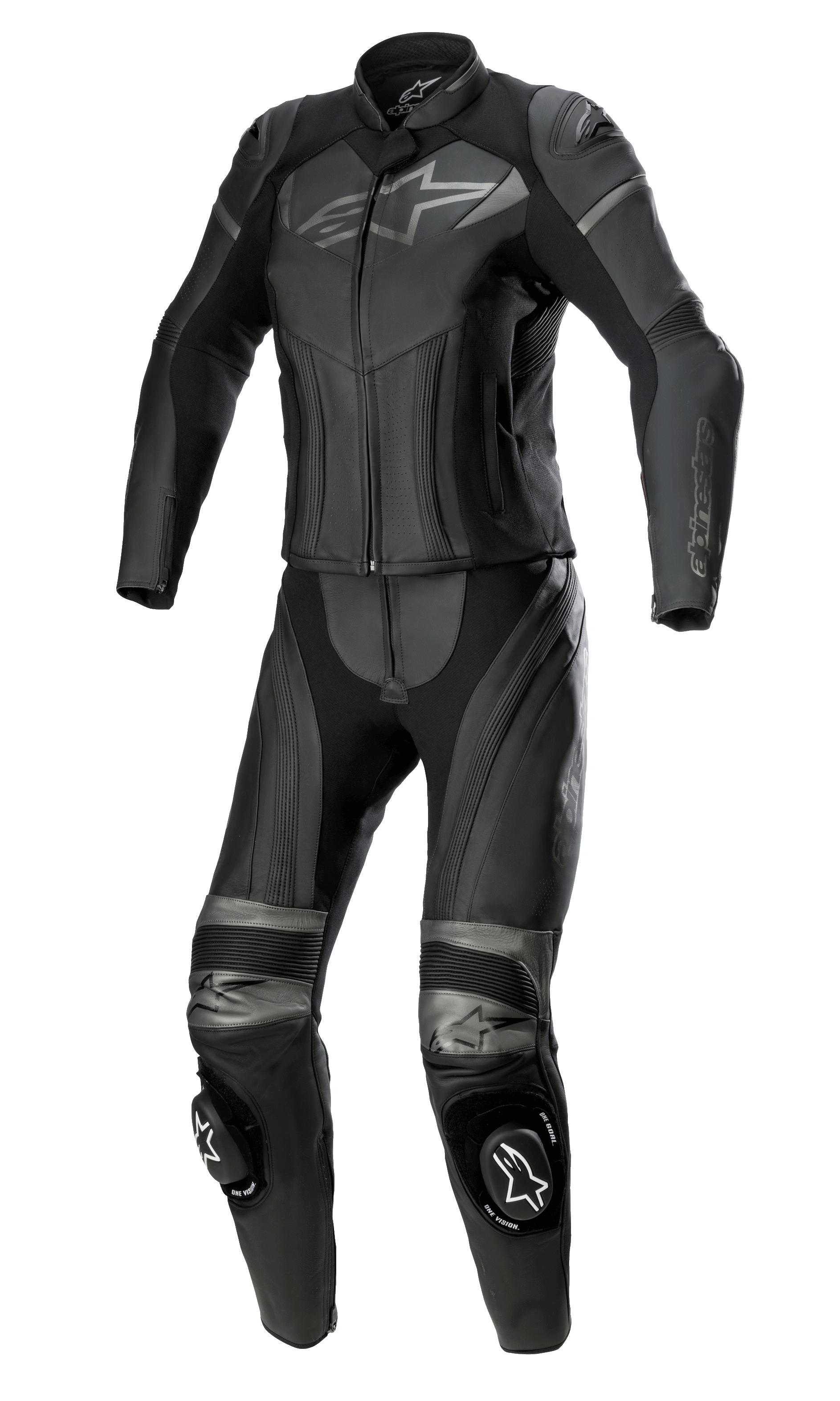Alpinestars Stella GP Plus 2-delat skinnställ för dam, Black Metallic Gray, med grå Alpinestars-logotyper på bröstet och knäna, dragspelspaneler i läder och knäpuckar, professionell racingutrustning designad för en kvinnospecifik passform