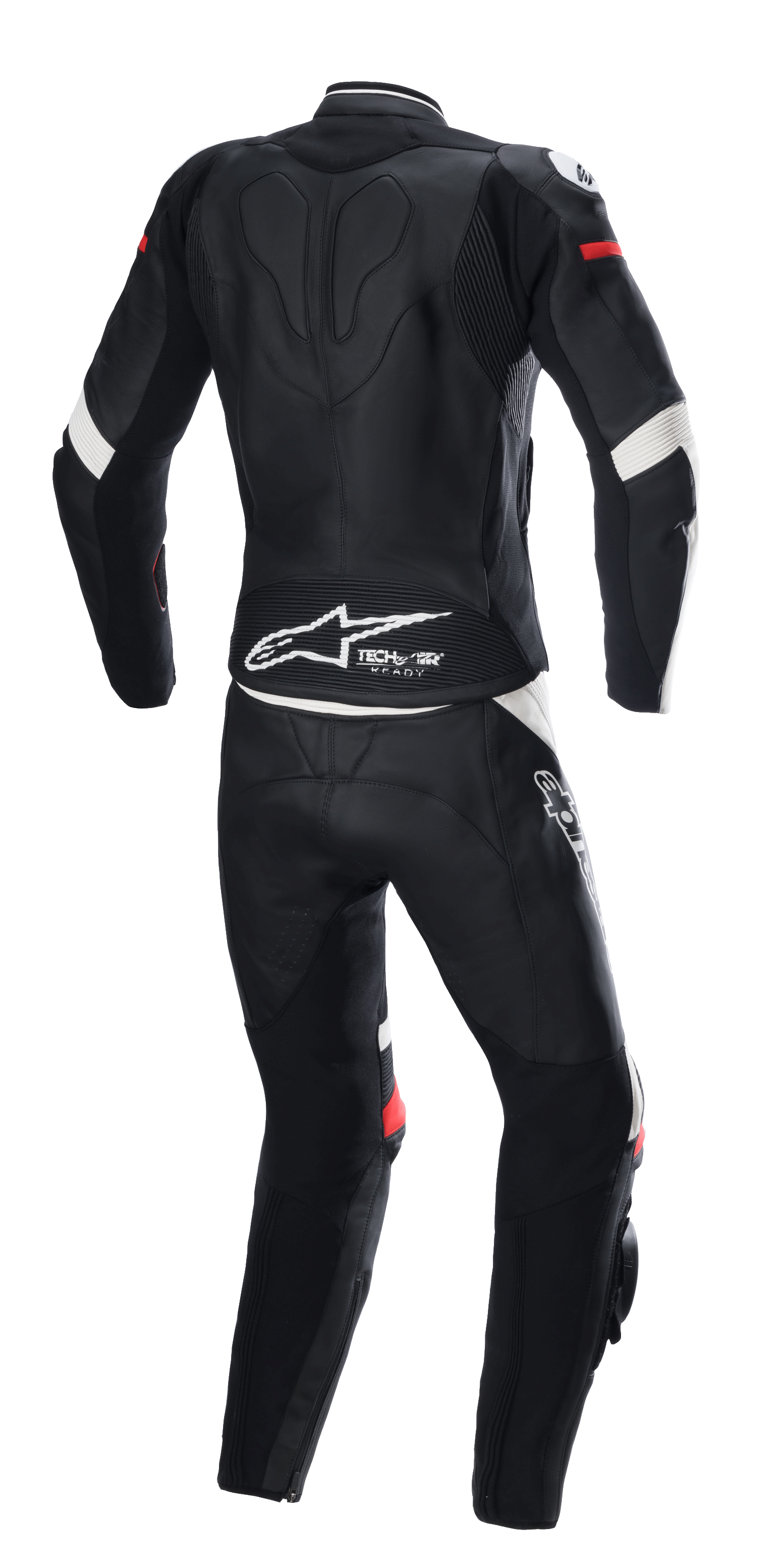 Alpinestars Stella GP Plus 2-delat skinnställ, svart, vit och klarröd, vy bakifrån, med Tech-Air Ready-märkning och Alpinestars-logotyp på nedre ryggen, ergonomiskt skyddsställ med stretchpaneler för motorcykelracing.