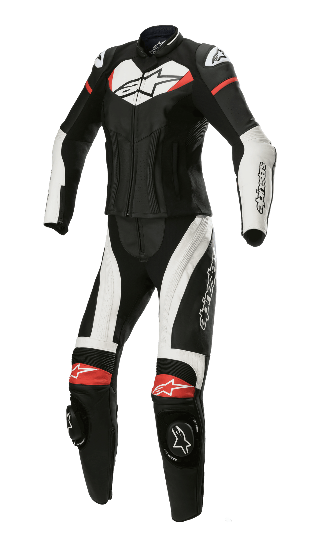 Alpinestars Stella GP Plus tvådelat skinnställ, racingoverall för damer, svart med vita och klarröda detaljer, tvådelad läderkonstruktion med aerodynamisk profil, DFS Lite-axelskydd, knäpuckar och stretchpaneler för en dedikerad dampassform