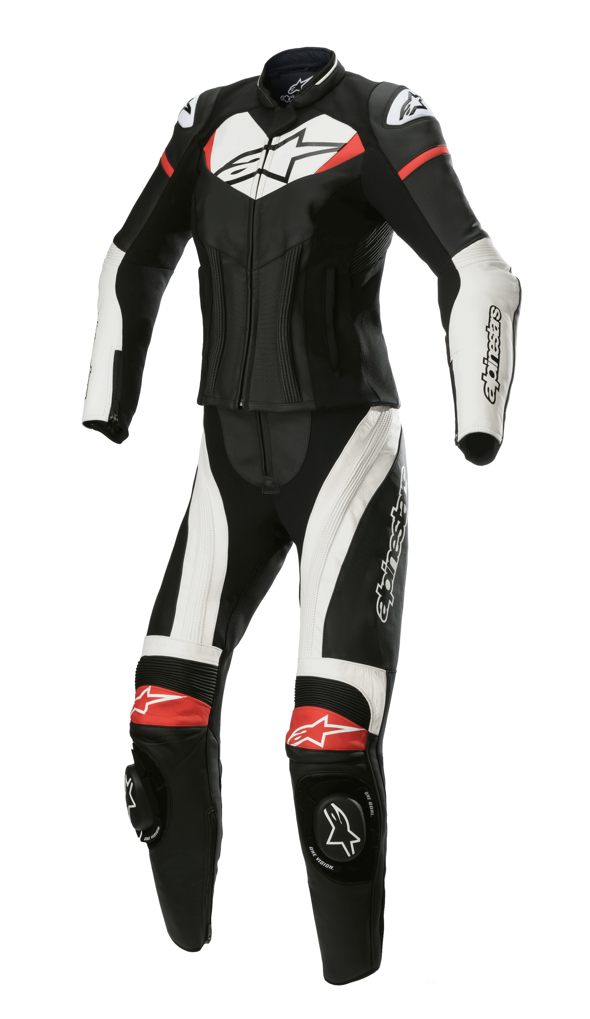 Alpinestars Stella GP Plus tvådelat skinnställ, racingoverall för damer, svart med vita och klarröda detaljer, tvådelad läderkonstruktion med aerodynamisk profil, DFS Lite-axelskydd, knäpuckar och stretchpaneler för en dedikerad dampassform