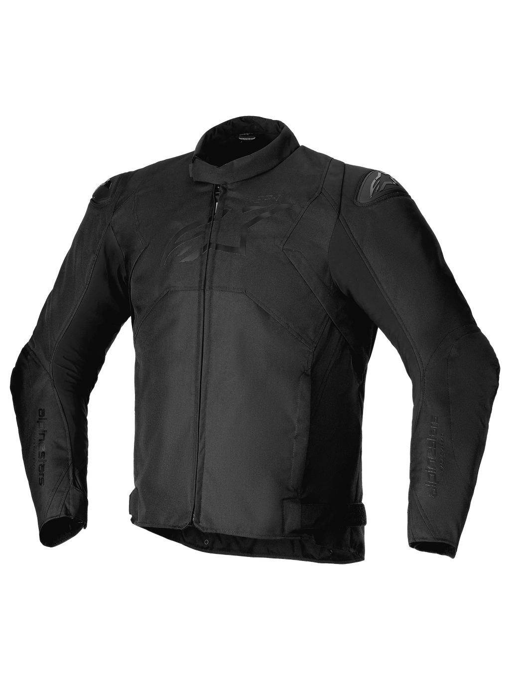 Alpinestars T-SP 1 V2 Waterproof Jacket, Black, Sport Textile Motorcycle Jacket, featuring a low profile collar, long pre-curved sleeves, front zipper closure, DFS Lite shoulder sliders, and a tonal Alpinestars logo on the chest.